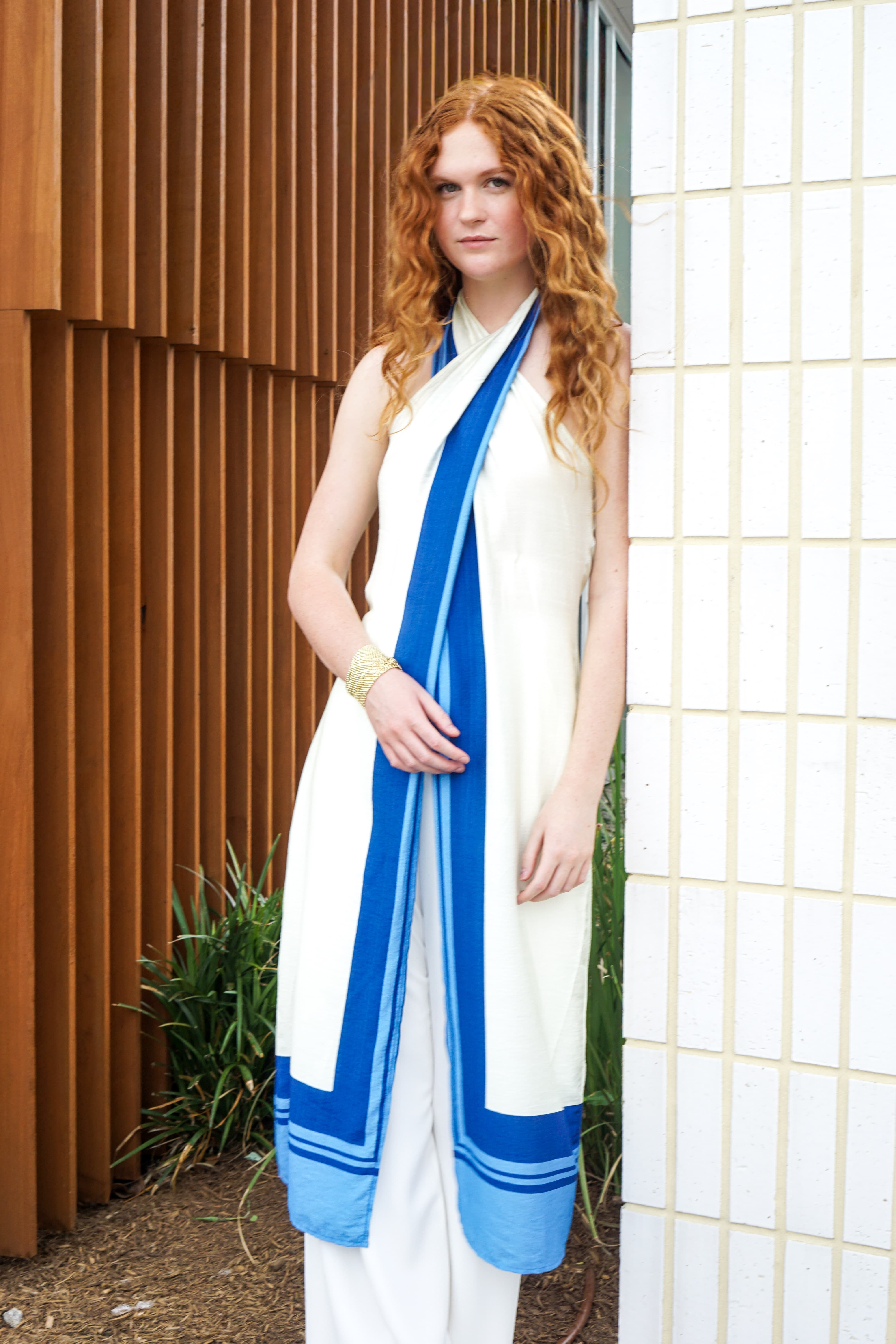 Private Label TOPS Blue & White Halter Neck Tunic with Short Set