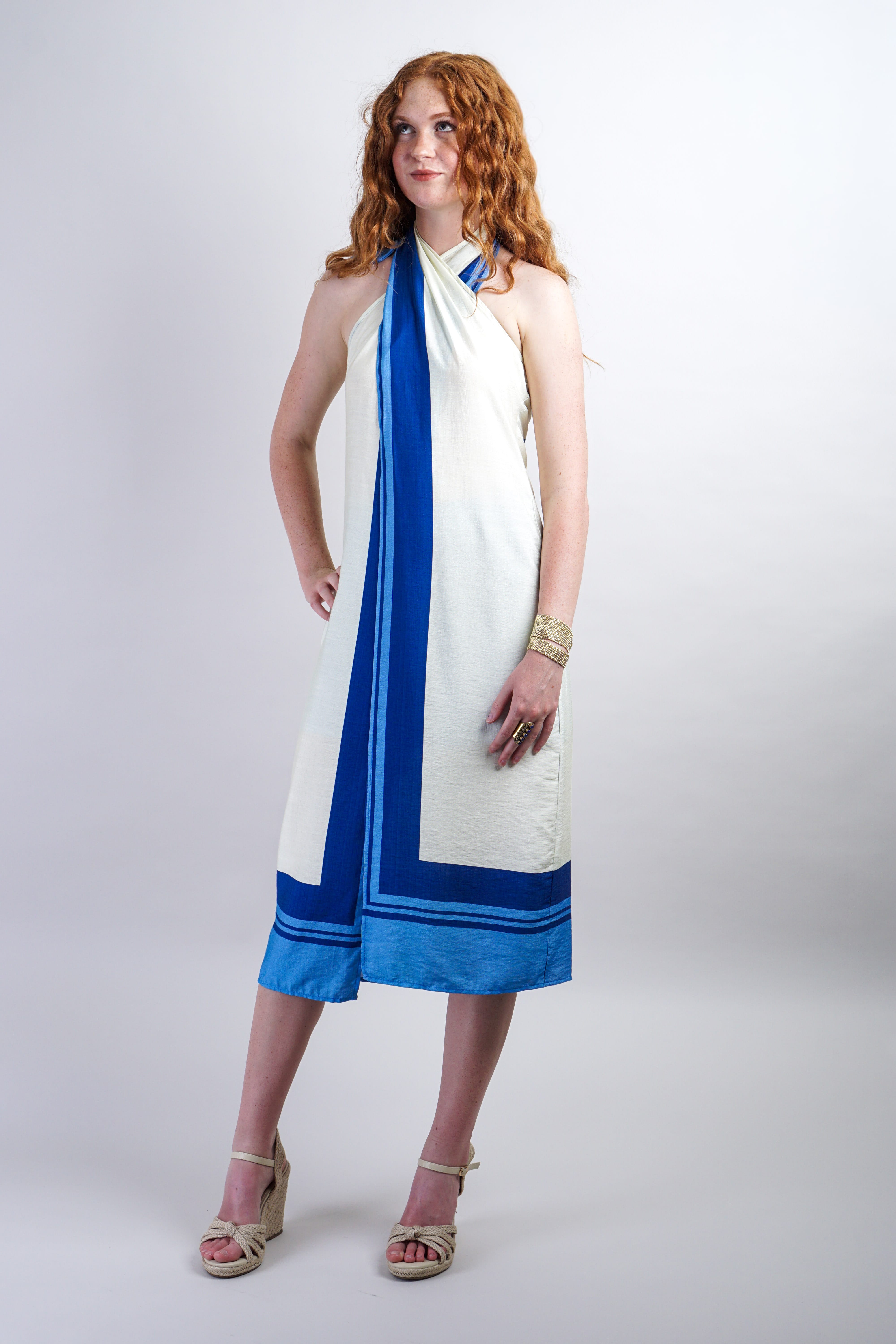 Private Label TOPS Blue & White Halter Neck Tunic with Short Set