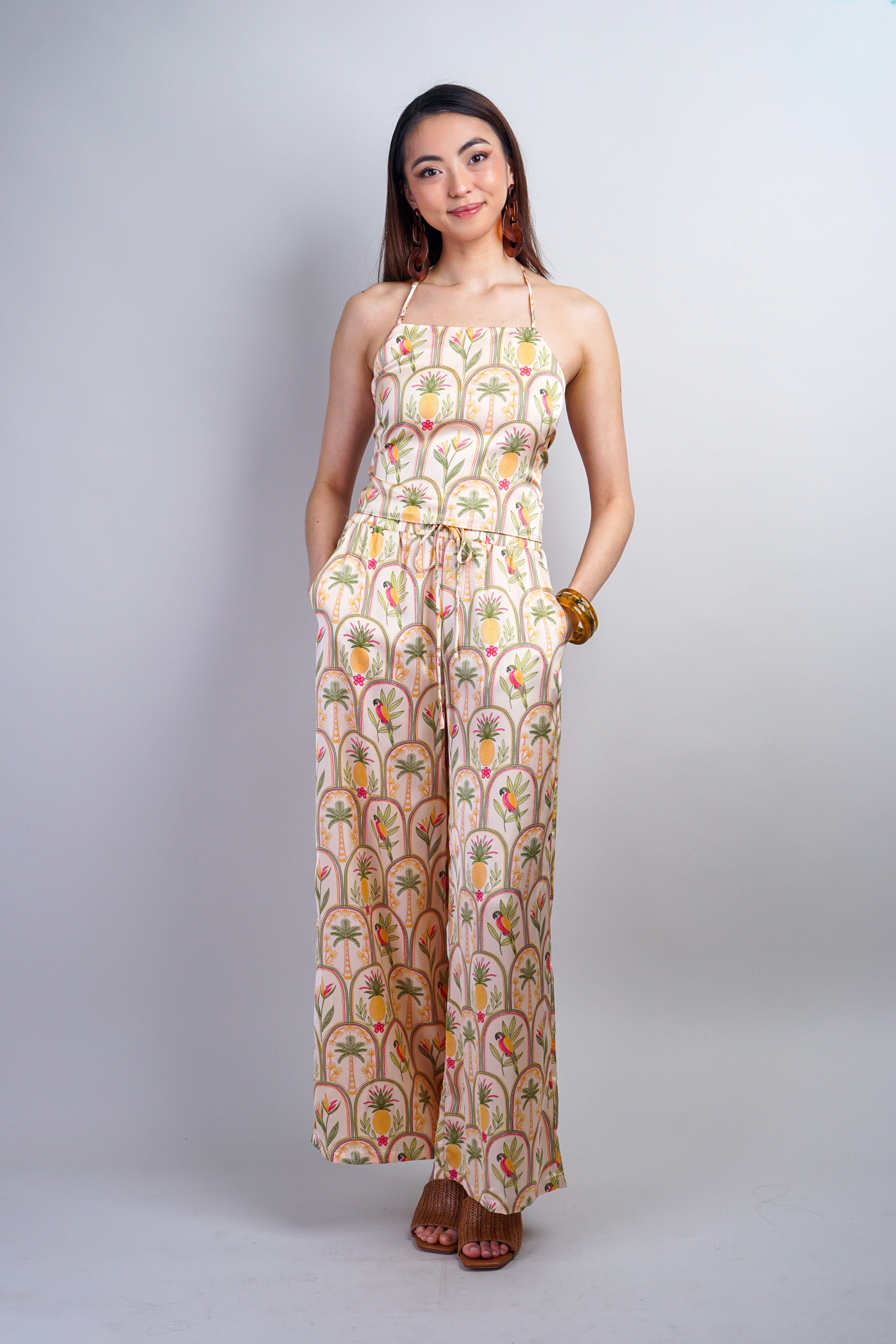 Private Label TOPS Blush Arch Multi Print Halter Satin Top