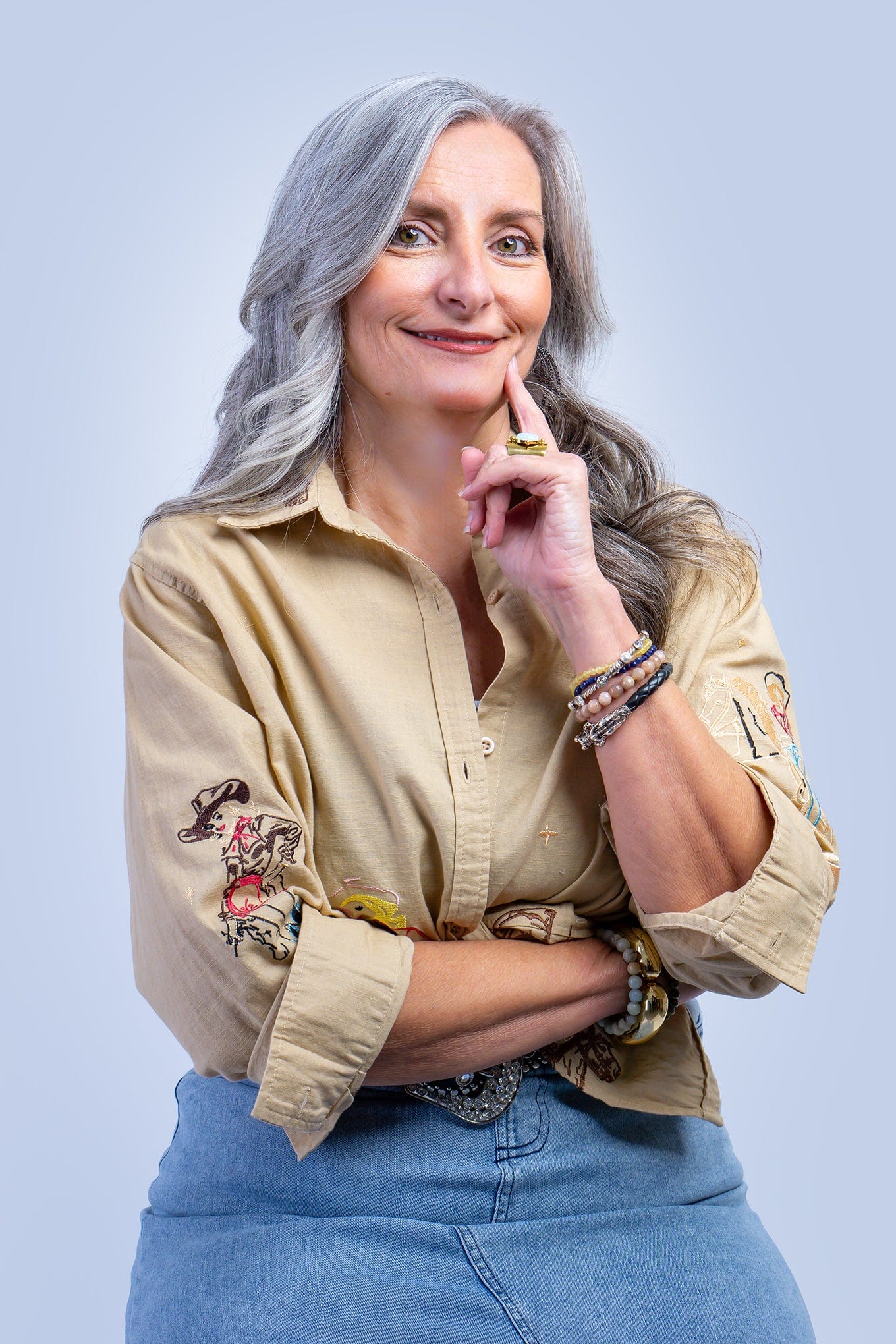 DCD TOPS Camel Embroidered Western Cowgirl Button Up Linen Shirt