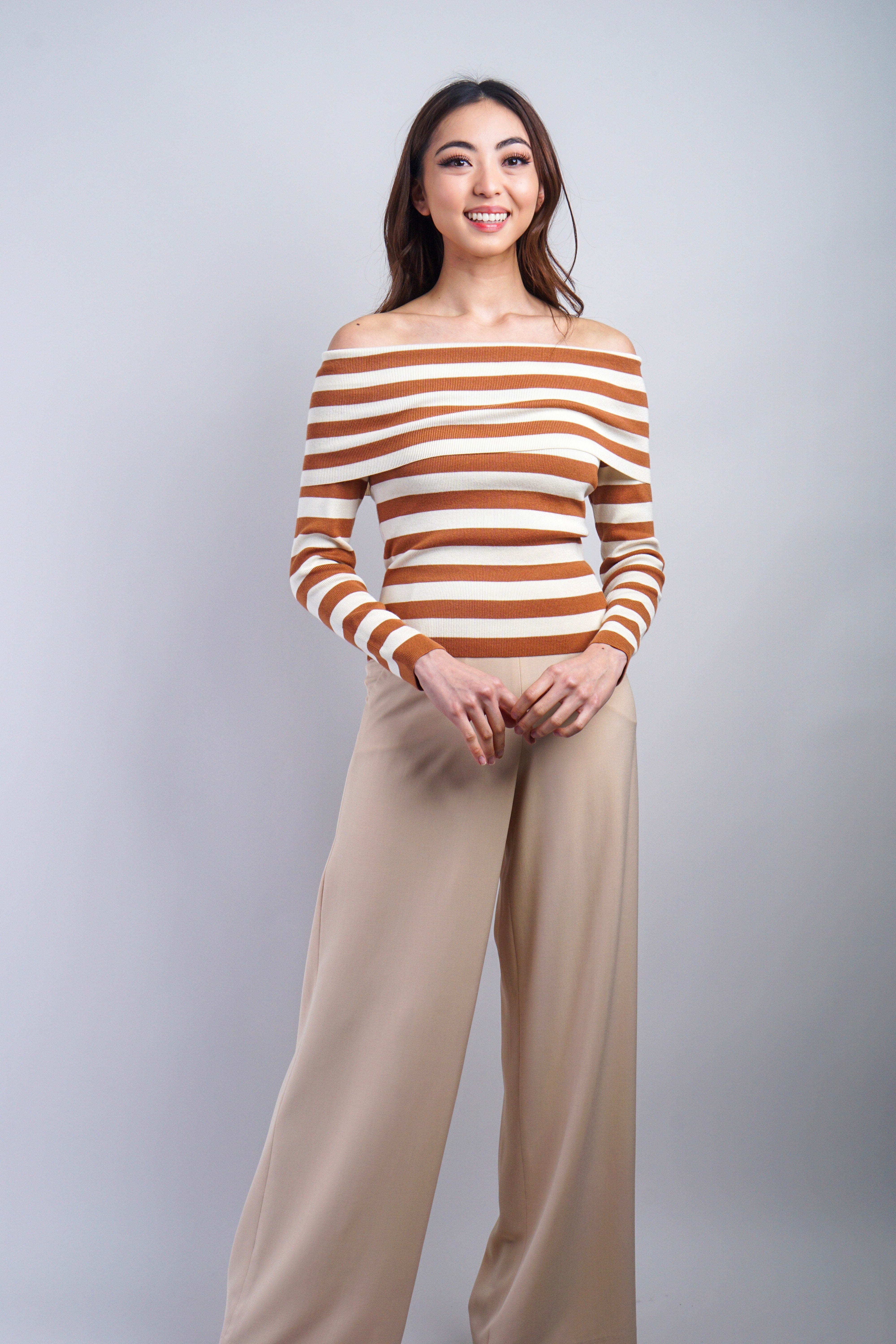 Private Label TOPS Caramel & Ivory Stripe Off Shoulder Long Sleeve Top