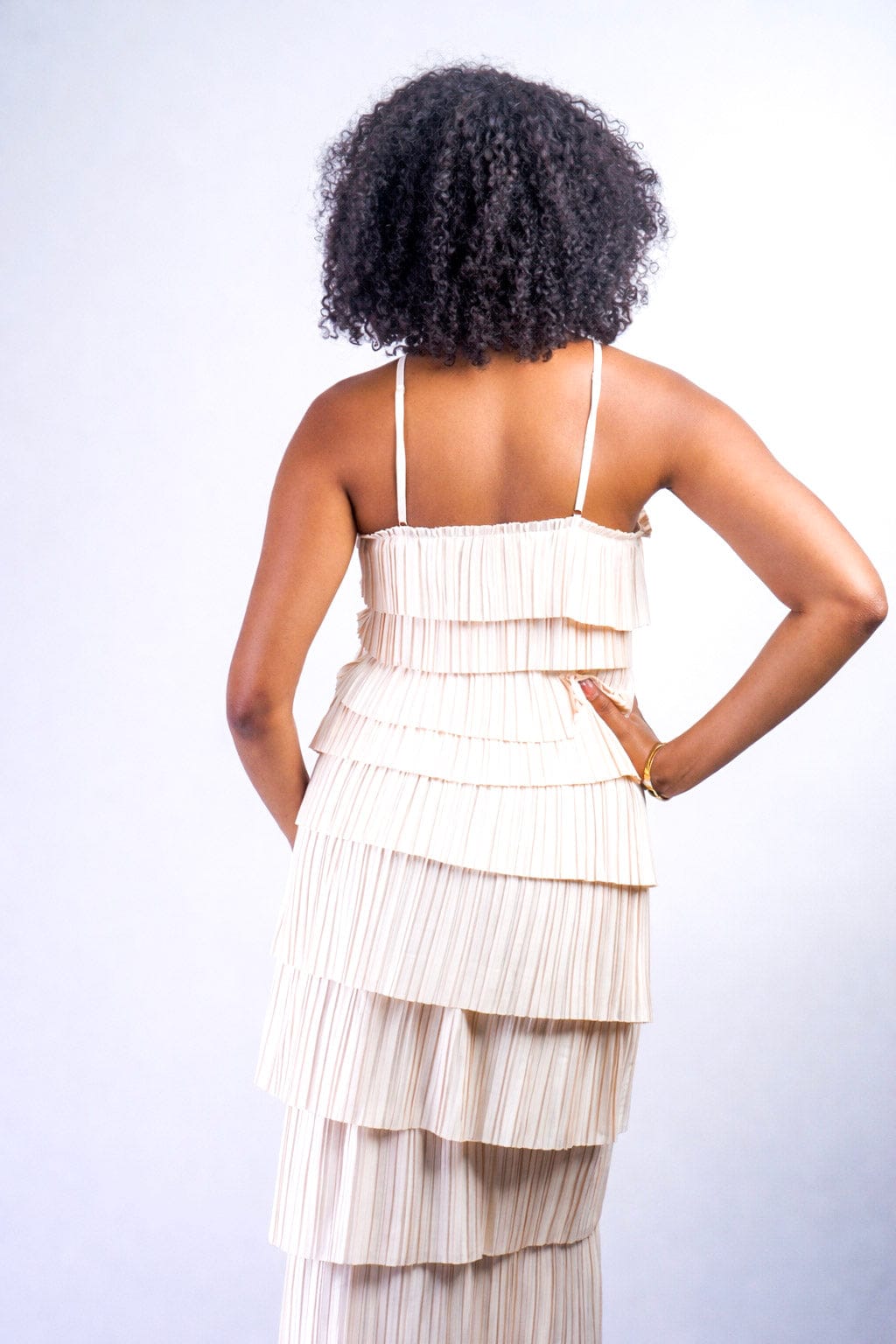 Private Label TOPS Champagne Pleated Satin Tiered Top