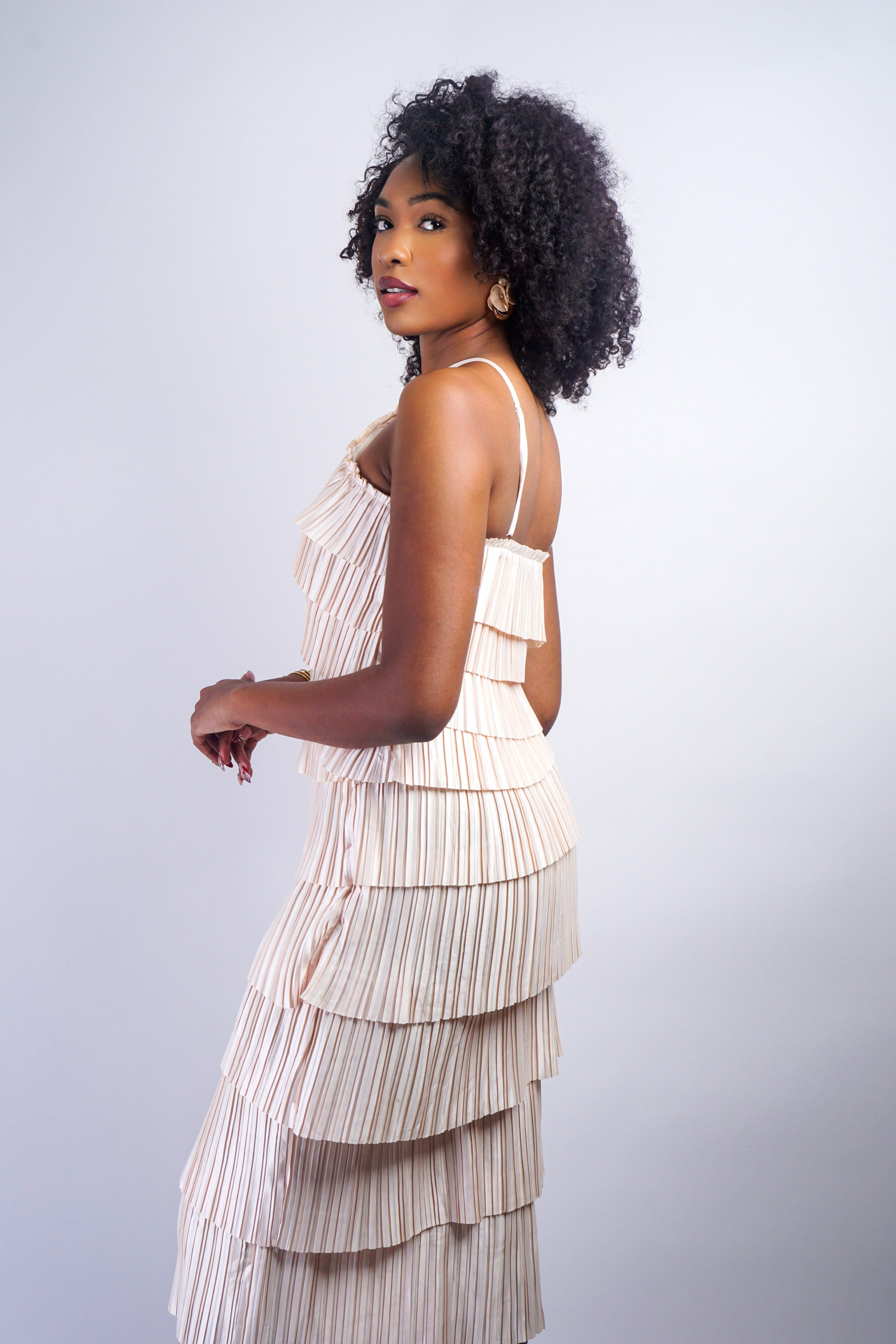 Private Label TOPS Champagne Pleated Satin Tiered Top