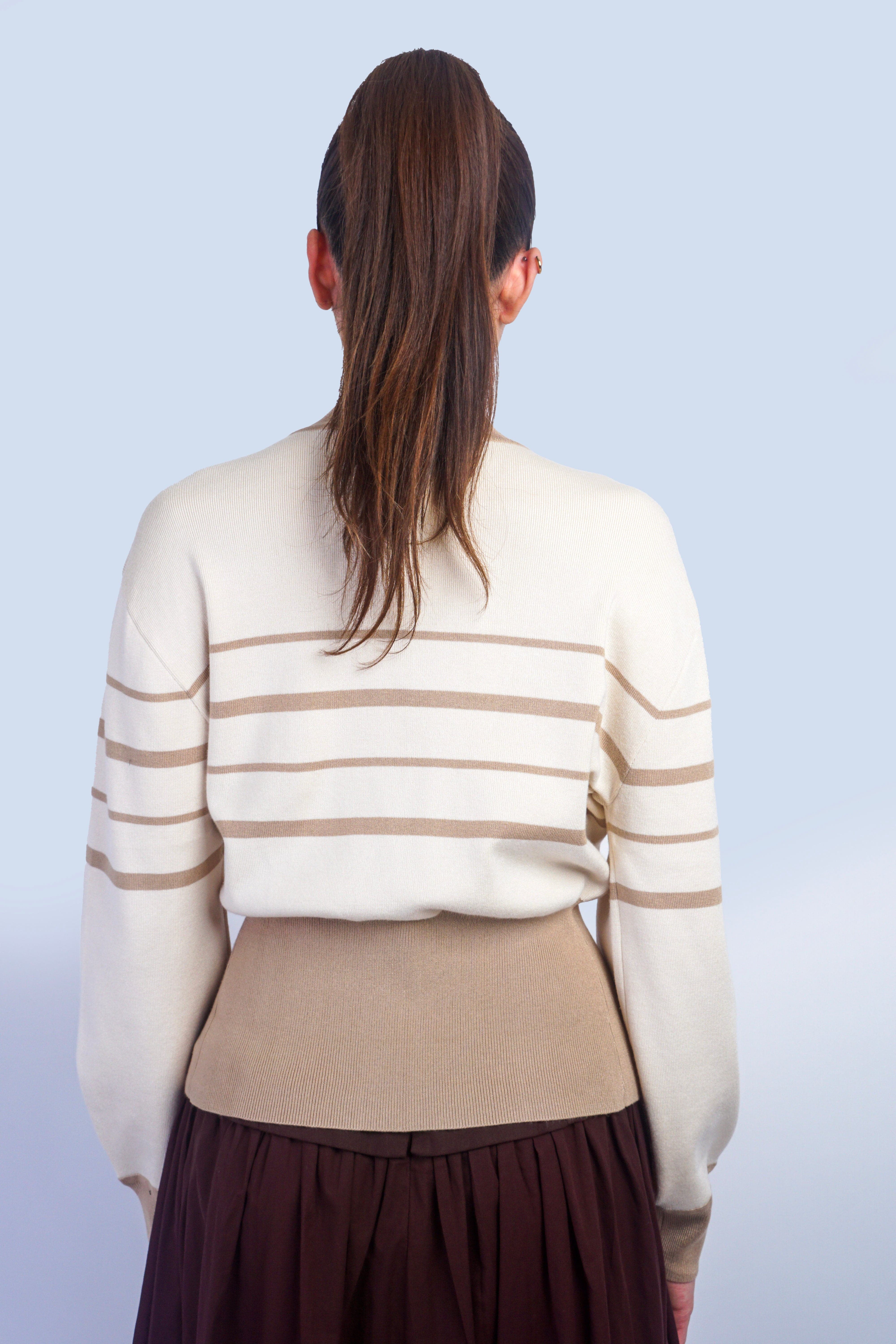 Private Label TOPS Cream & Tan Stripe Gold Button Cardigan
