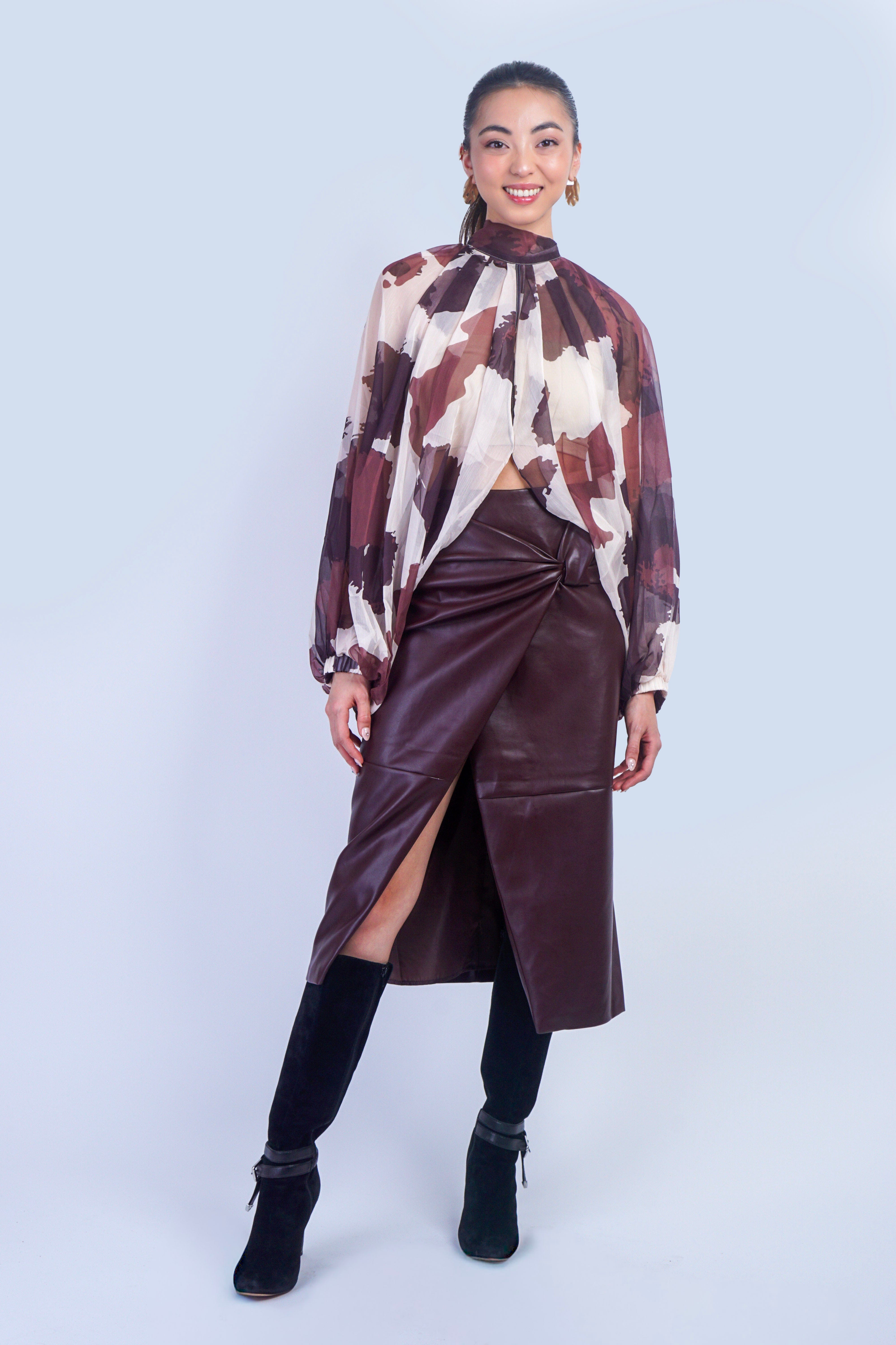 Private Label TOPS Ivory Brown Cow Chiffon Halter Tie Top