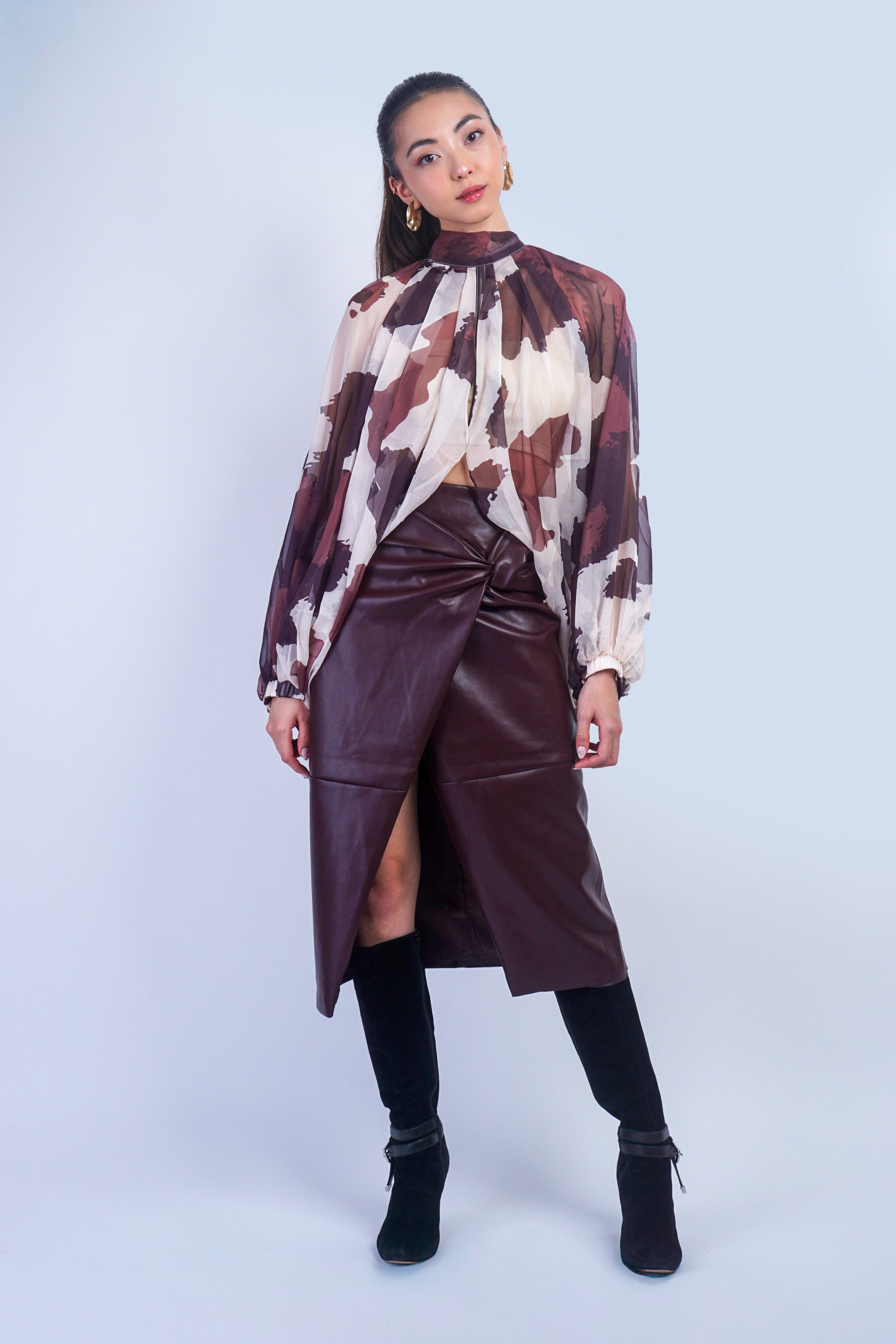 Private Label TOPS Ivory Brown Cow Chiffon Halter Tie Top