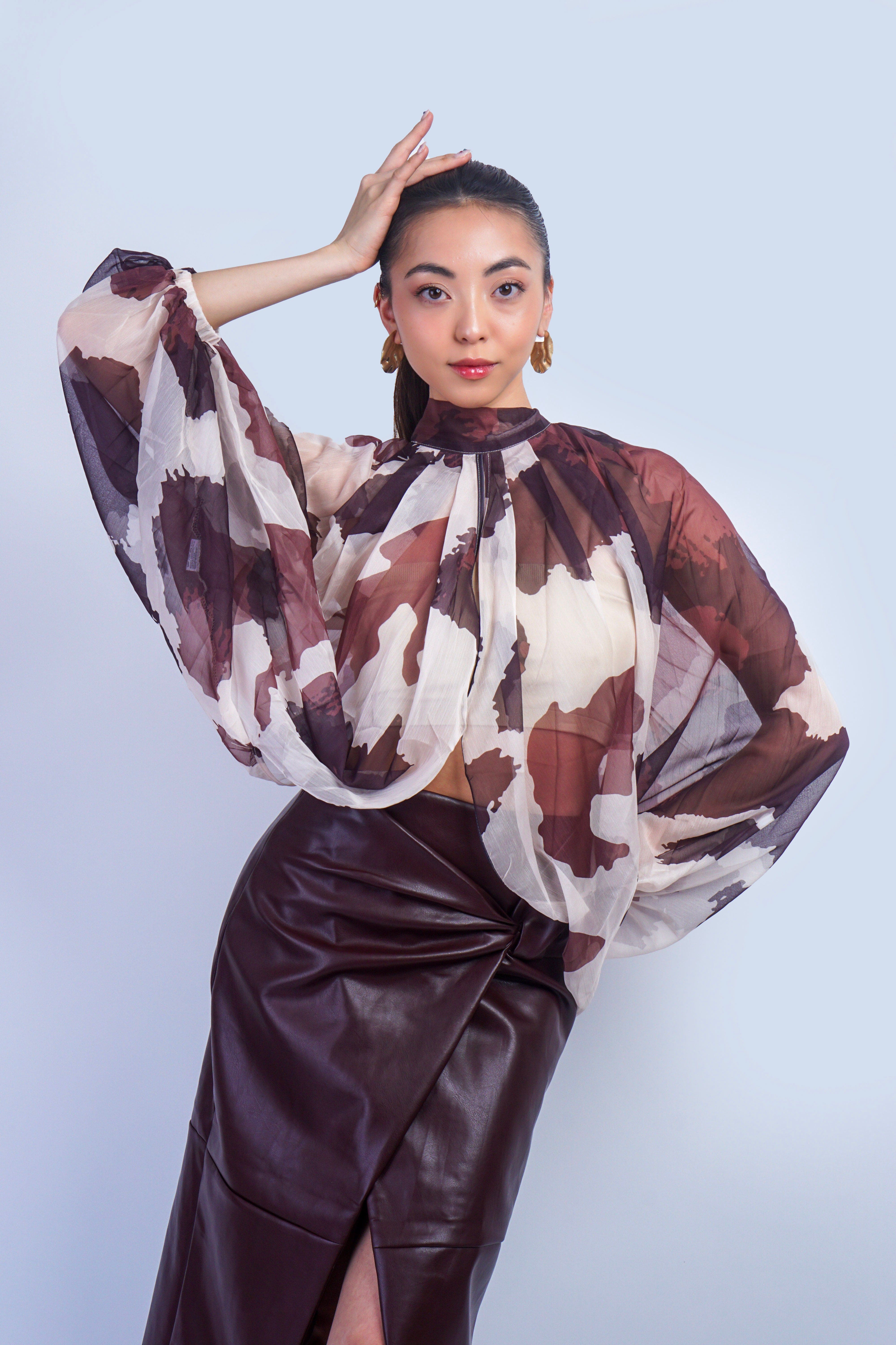 Private Label TOPS Ivory Brown Cow Chiffon Halter Tie Top