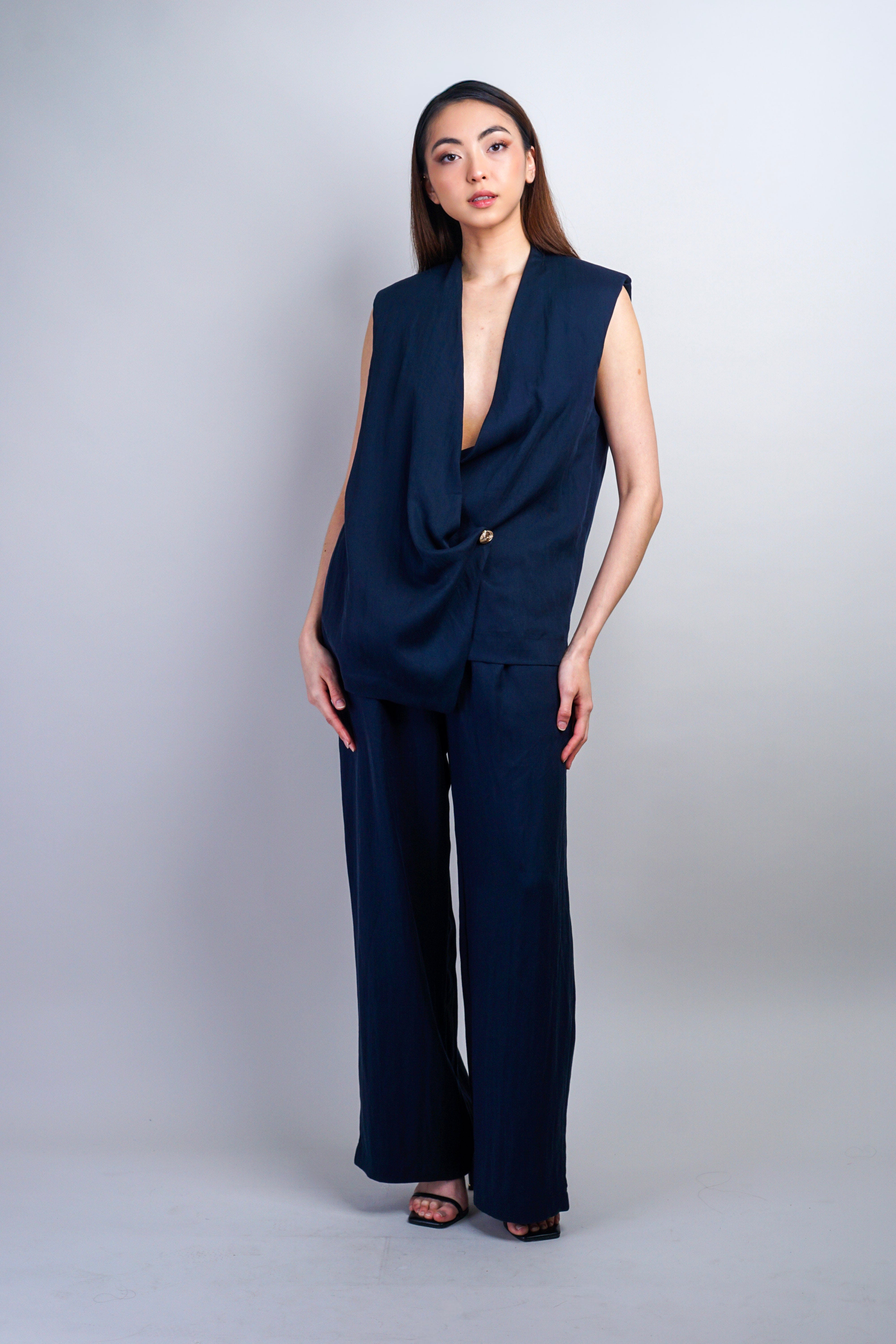 Private Label TOPS Navy Overlapped Asymmetric Top
