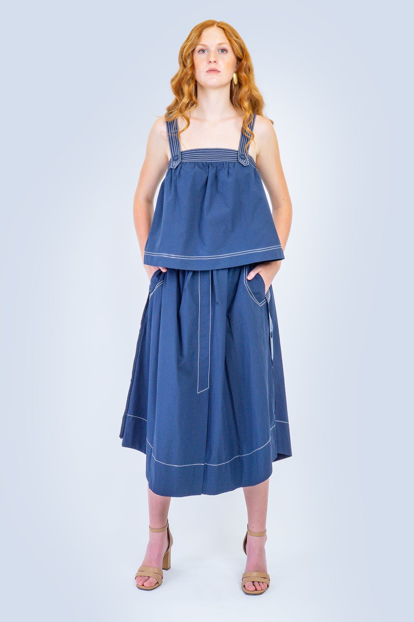 Private Label TOPS Navy White Stitch Flare Top