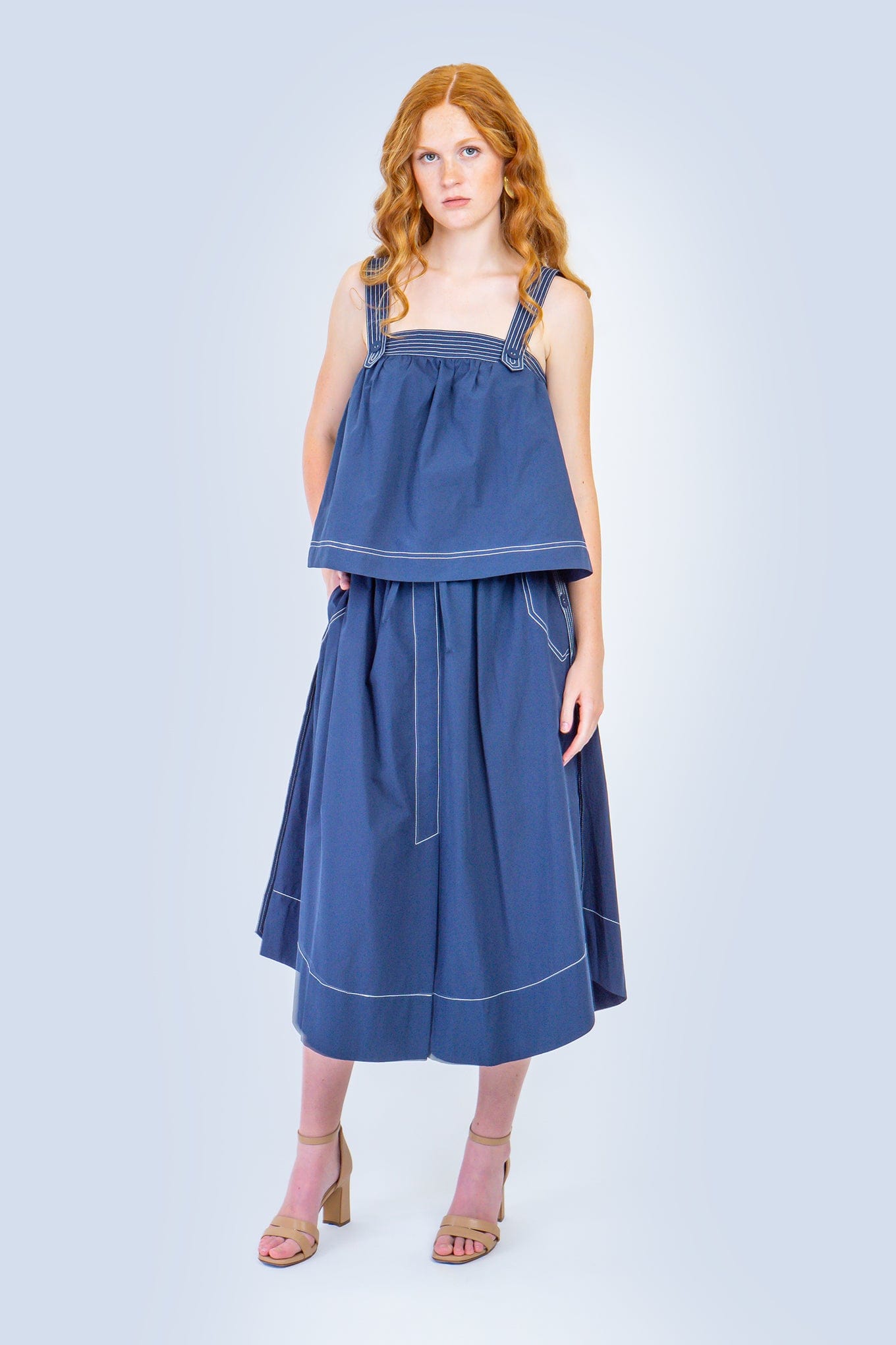 Private Label TOPS Navy White Stitch Flare Top