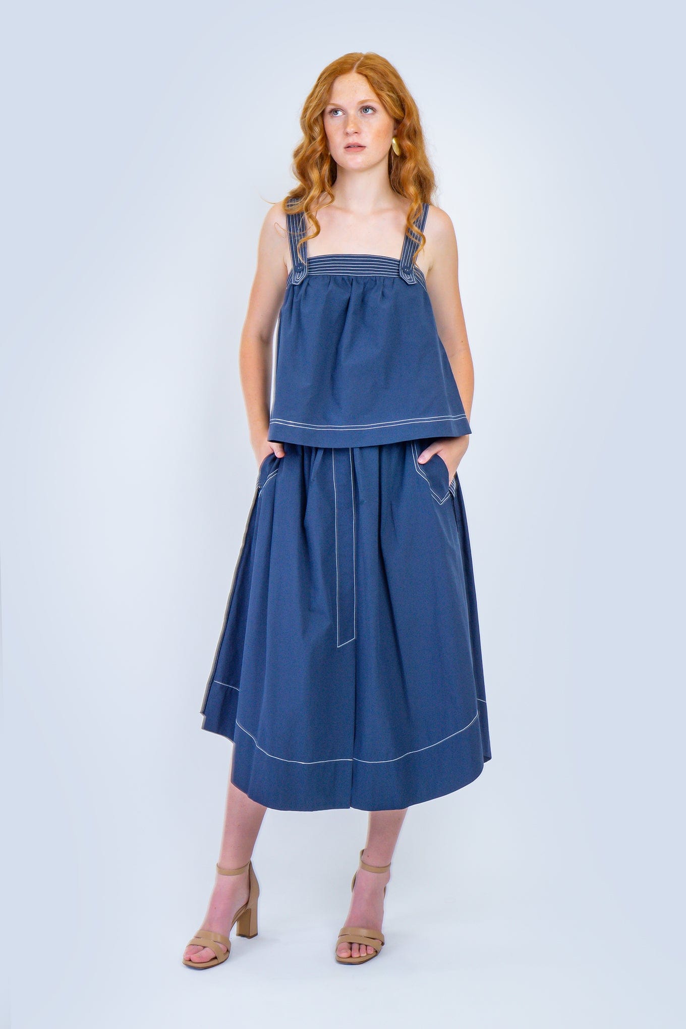 Private Label TOPS Navy White Stitch Flare Top