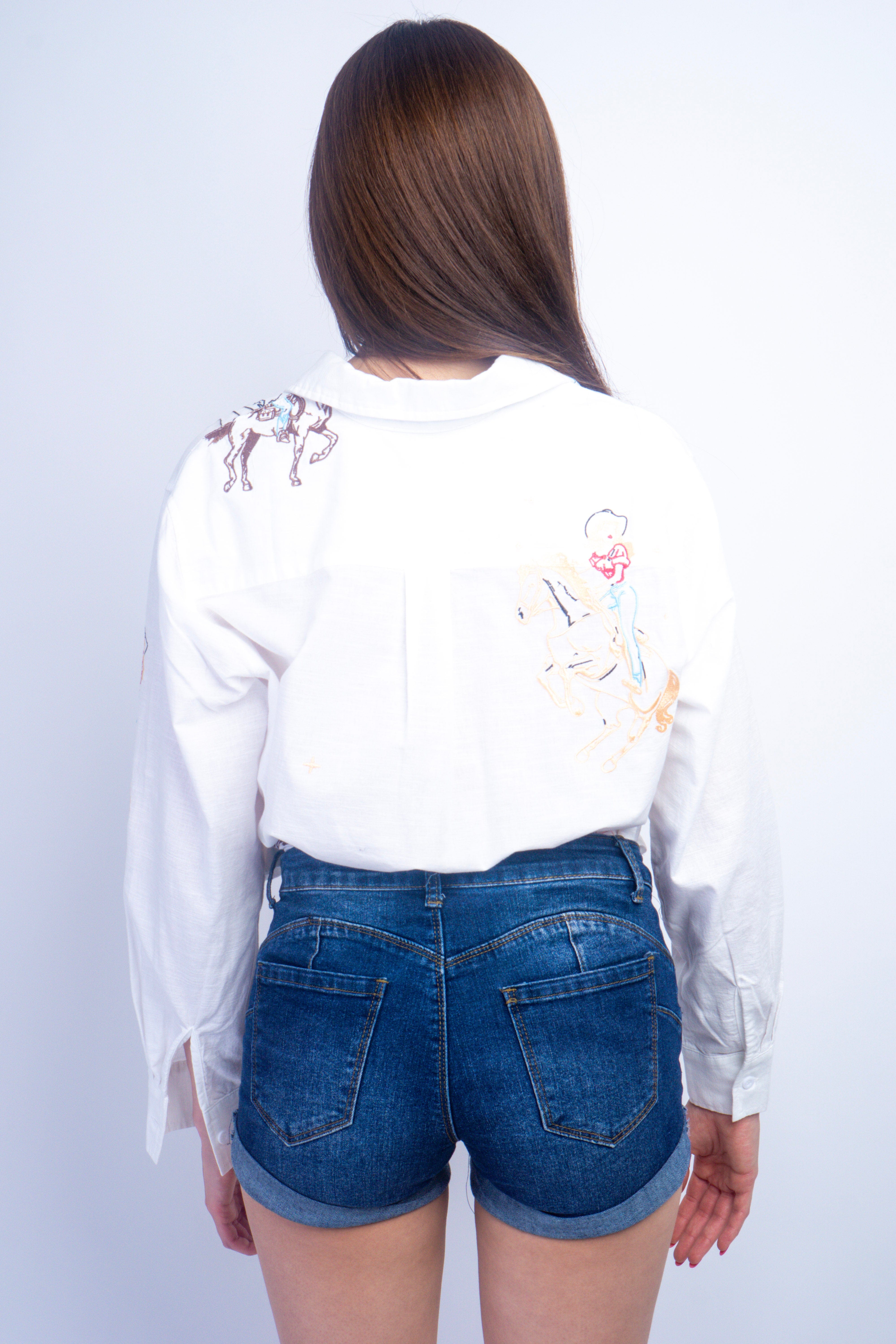 DCD TOPS Off White Embroidered Western Cowgirl Button Up Linen Shirt