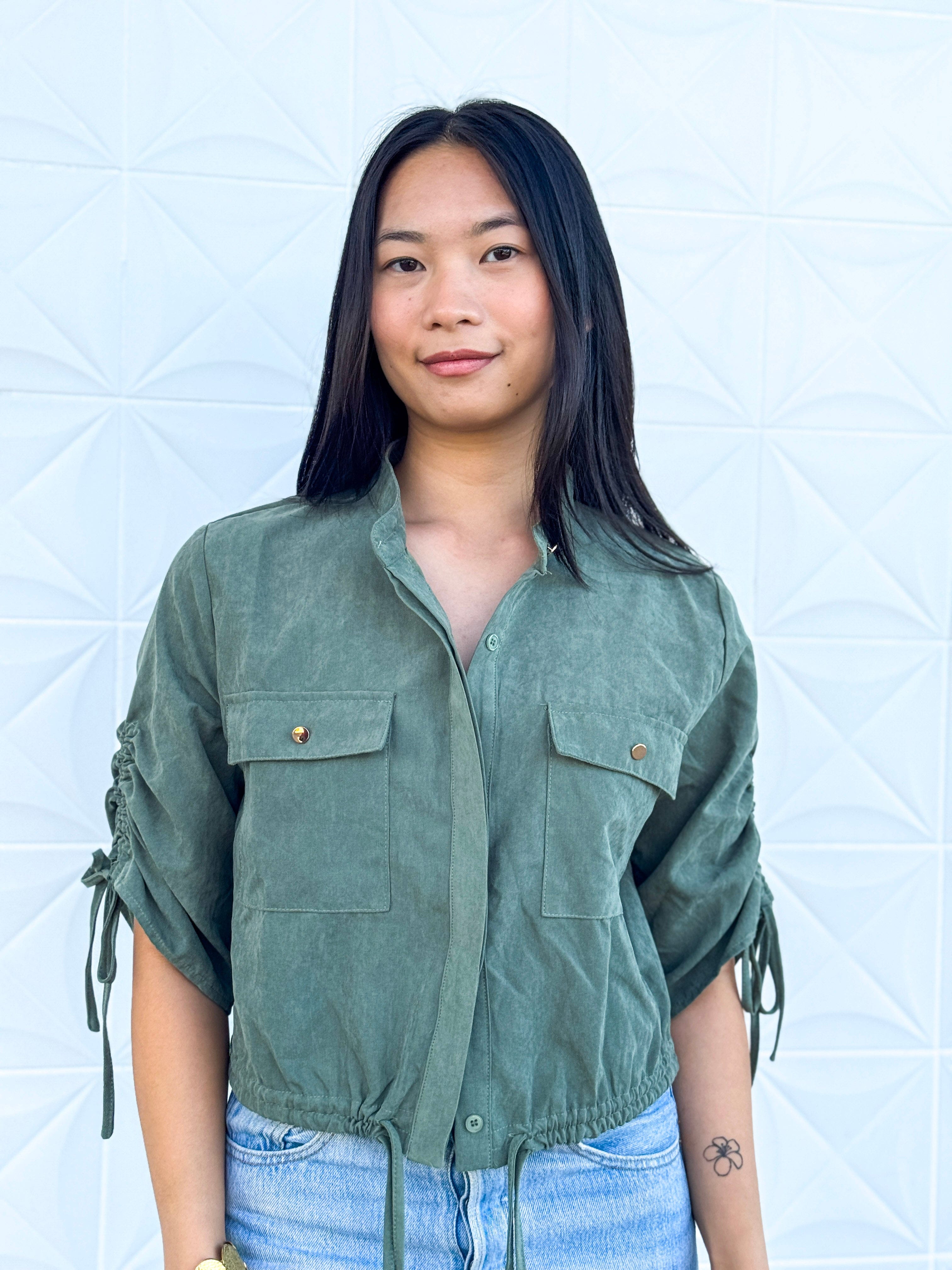 Private Label TOPS Olive Adjustable Sleeve/Waist Crop Top/Jacket