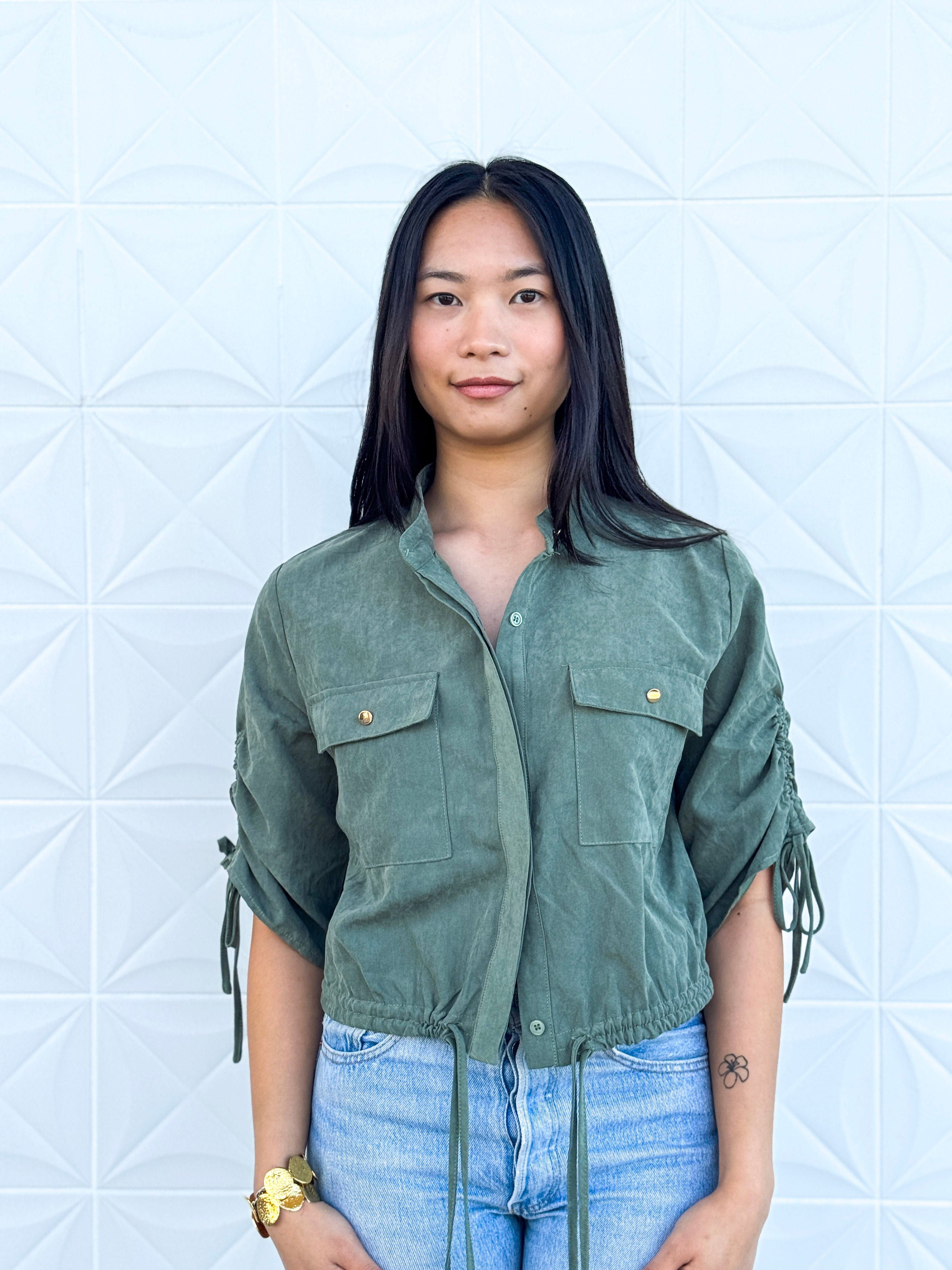 Private Label TOPS Olive Adjustable Sleeve/Waist Crop Top/Jacket