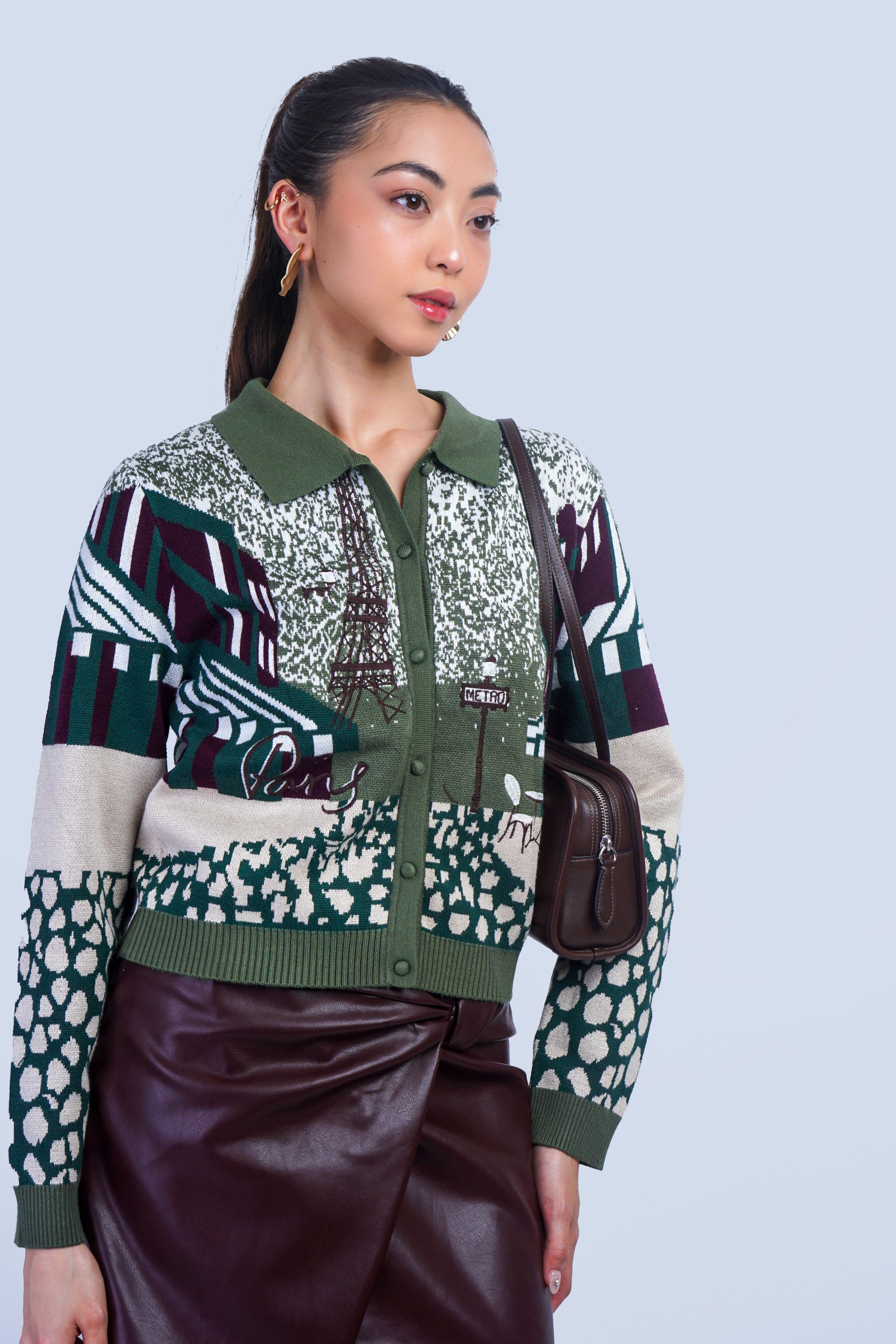 Private Label TOPS Olive Paris Jacquard & Embroidery Print Cardigan