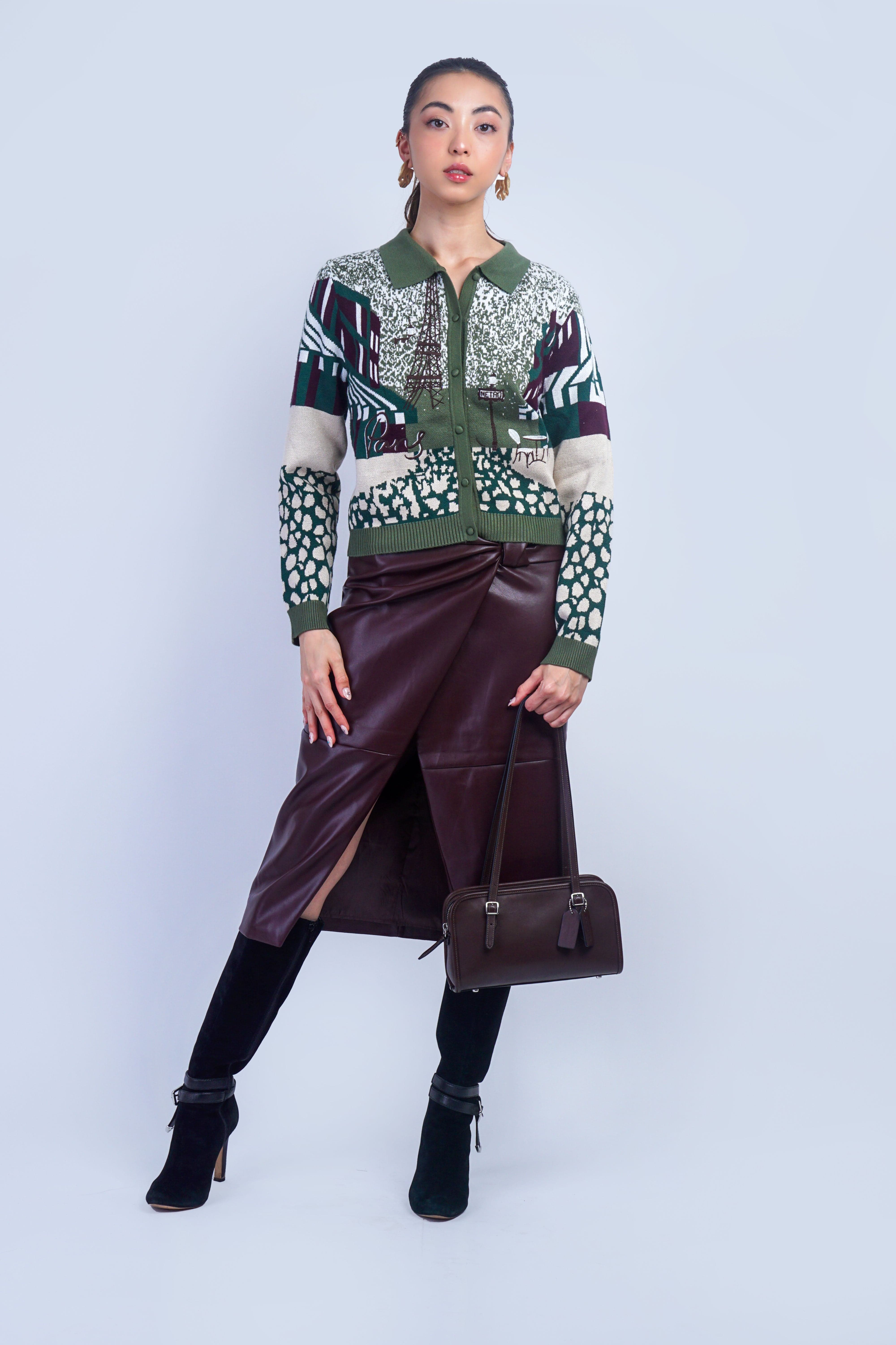 Private Label TOPS Olive Paris Jacquard & Embroidery Print Cardigan