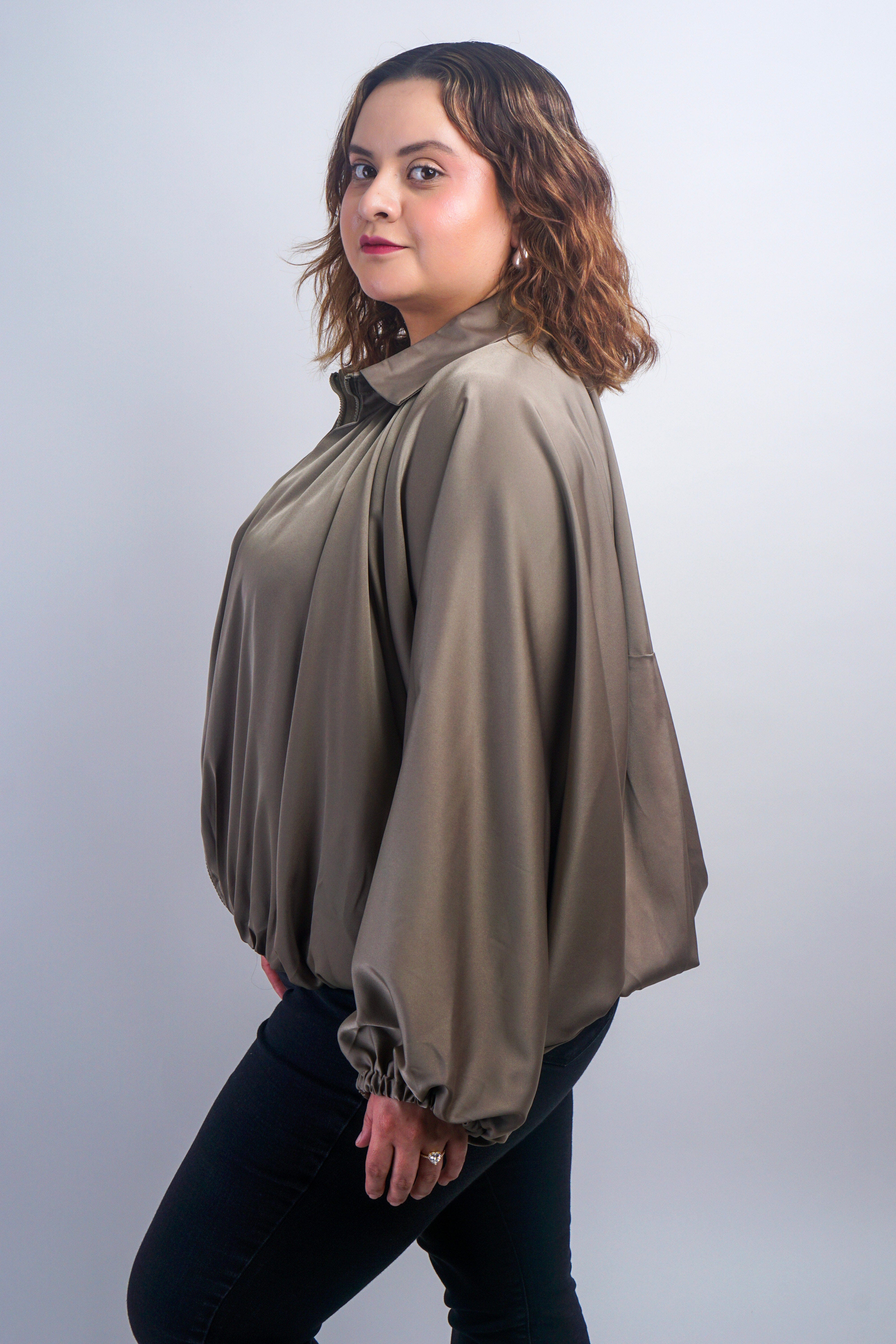 Private Label TOPS Plus Olive Blouson Raglan Sleeve Jacket