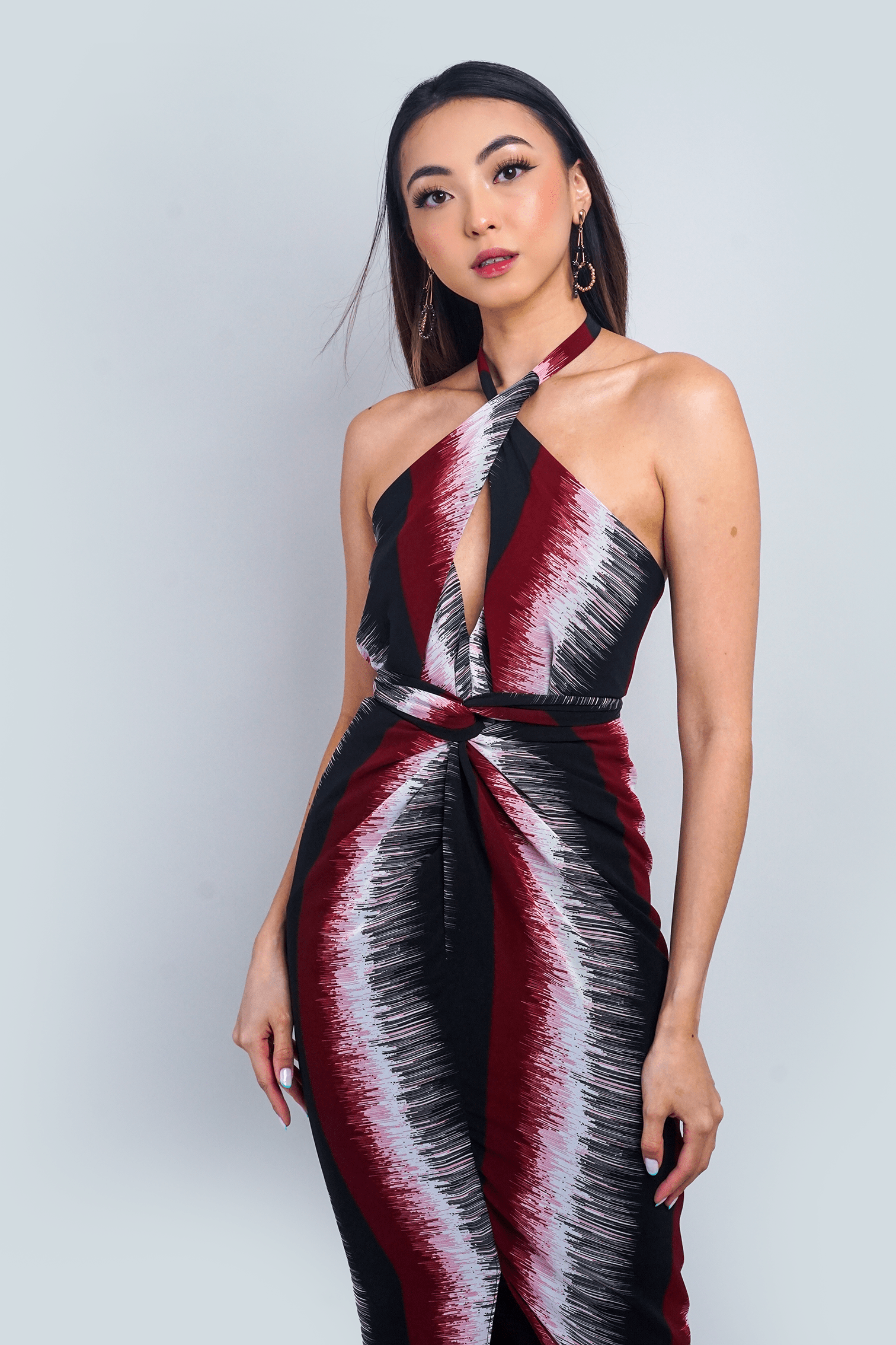 Chloe Dao TOPS Red Black Print Indo Wrap Halter Top