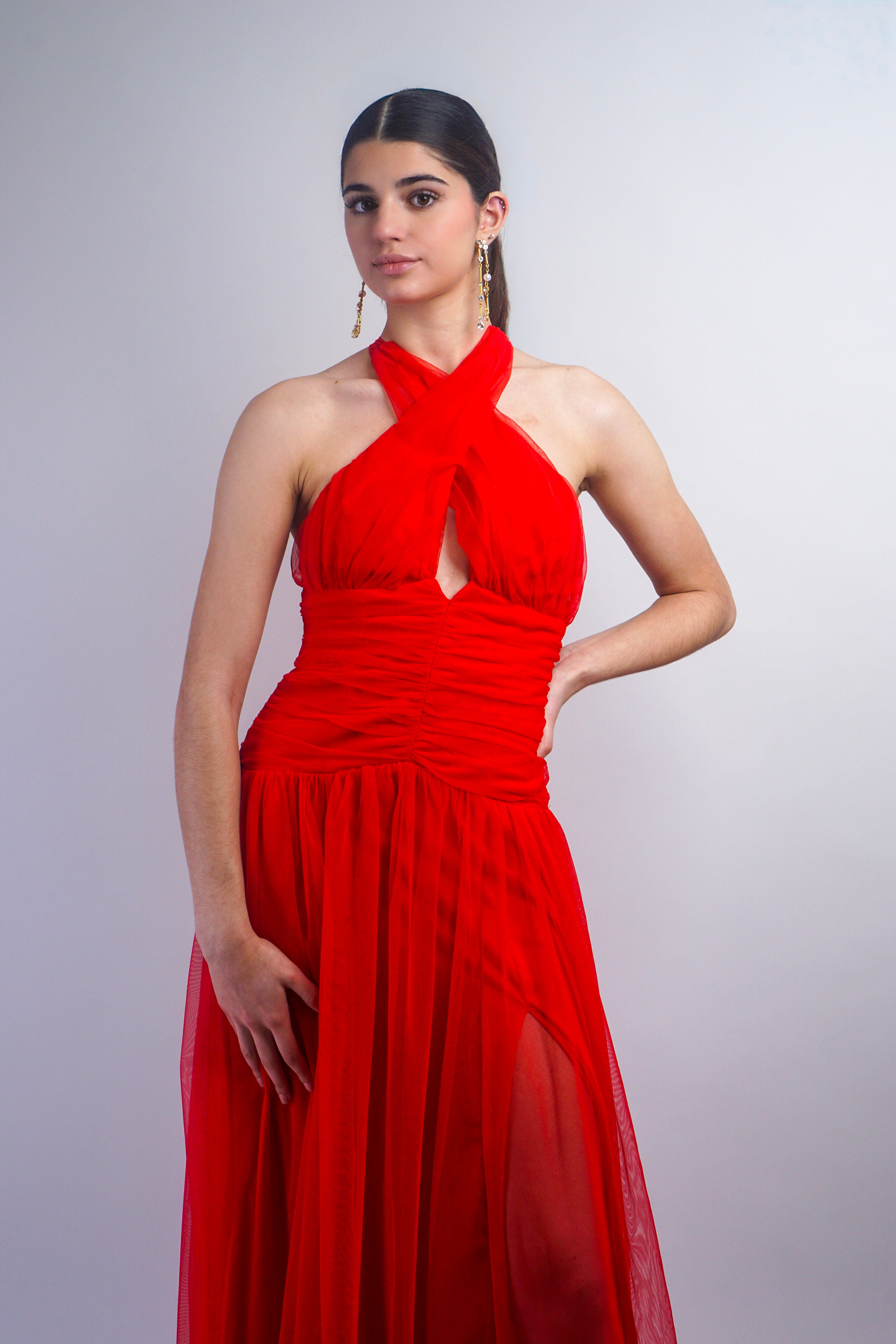 Private Label TOPS Red Cross Body Halter Gown