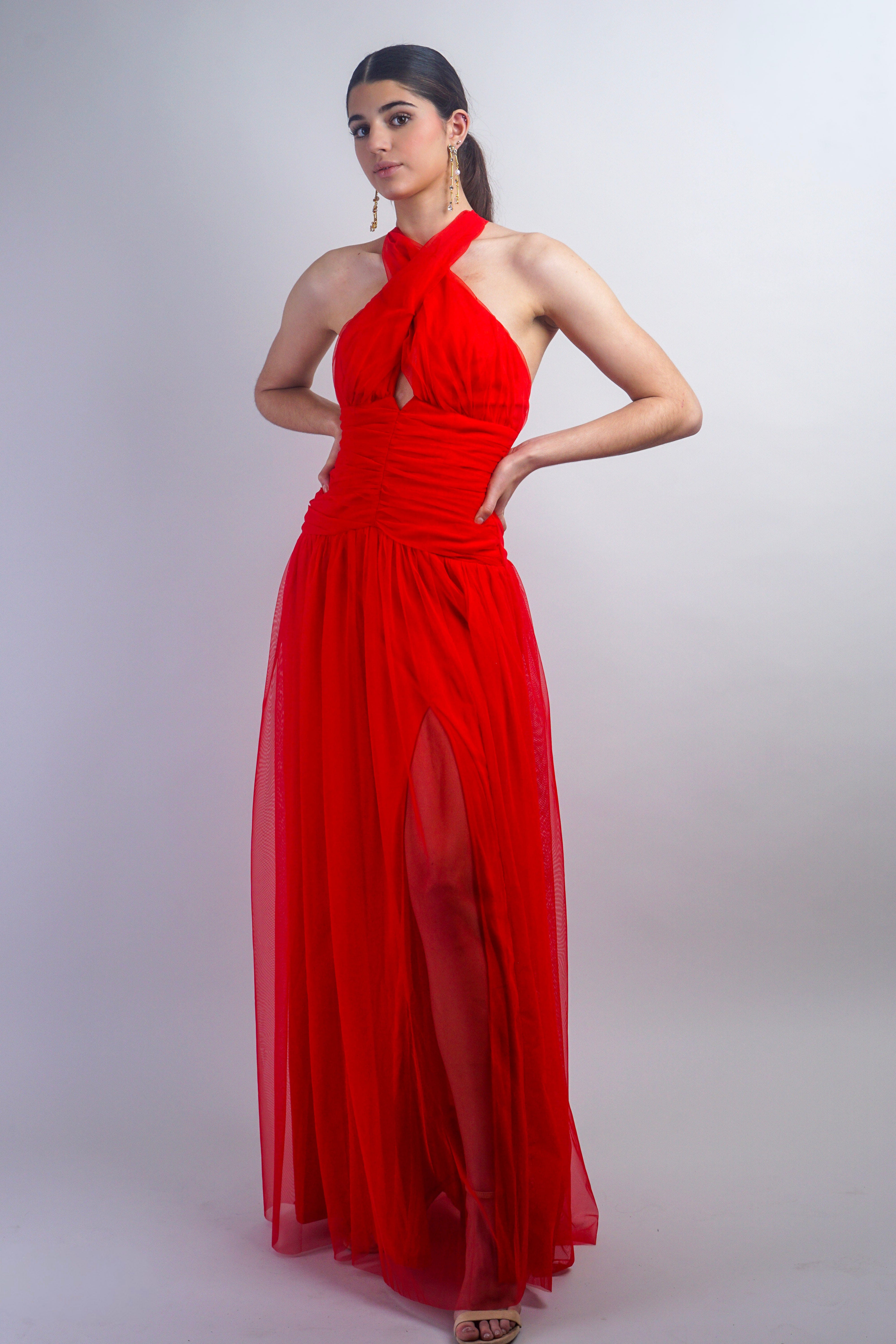 Private Label TOPS Red Cross Body Halter Gown