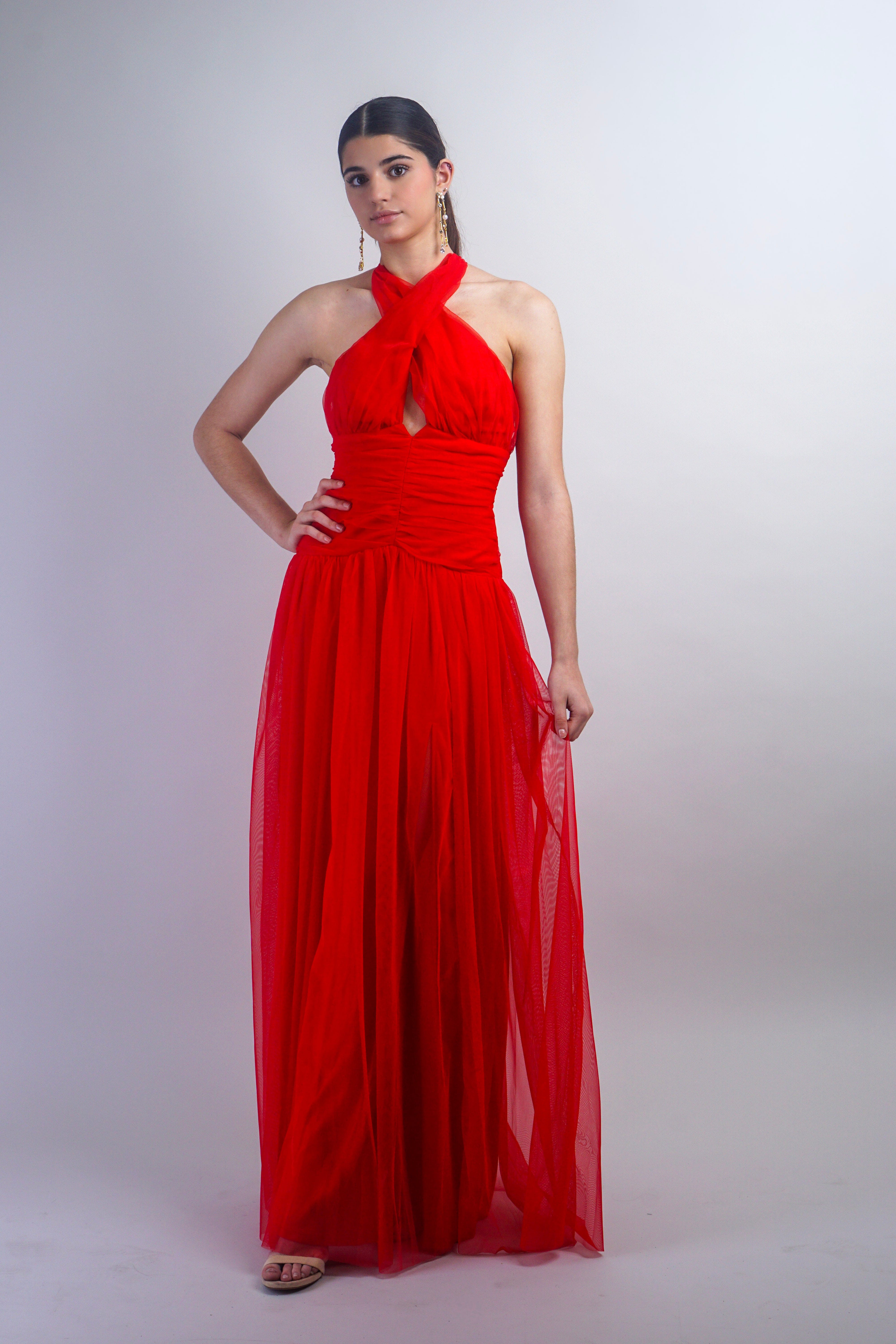Private Label TOPS Red Cross Body Halter Gown