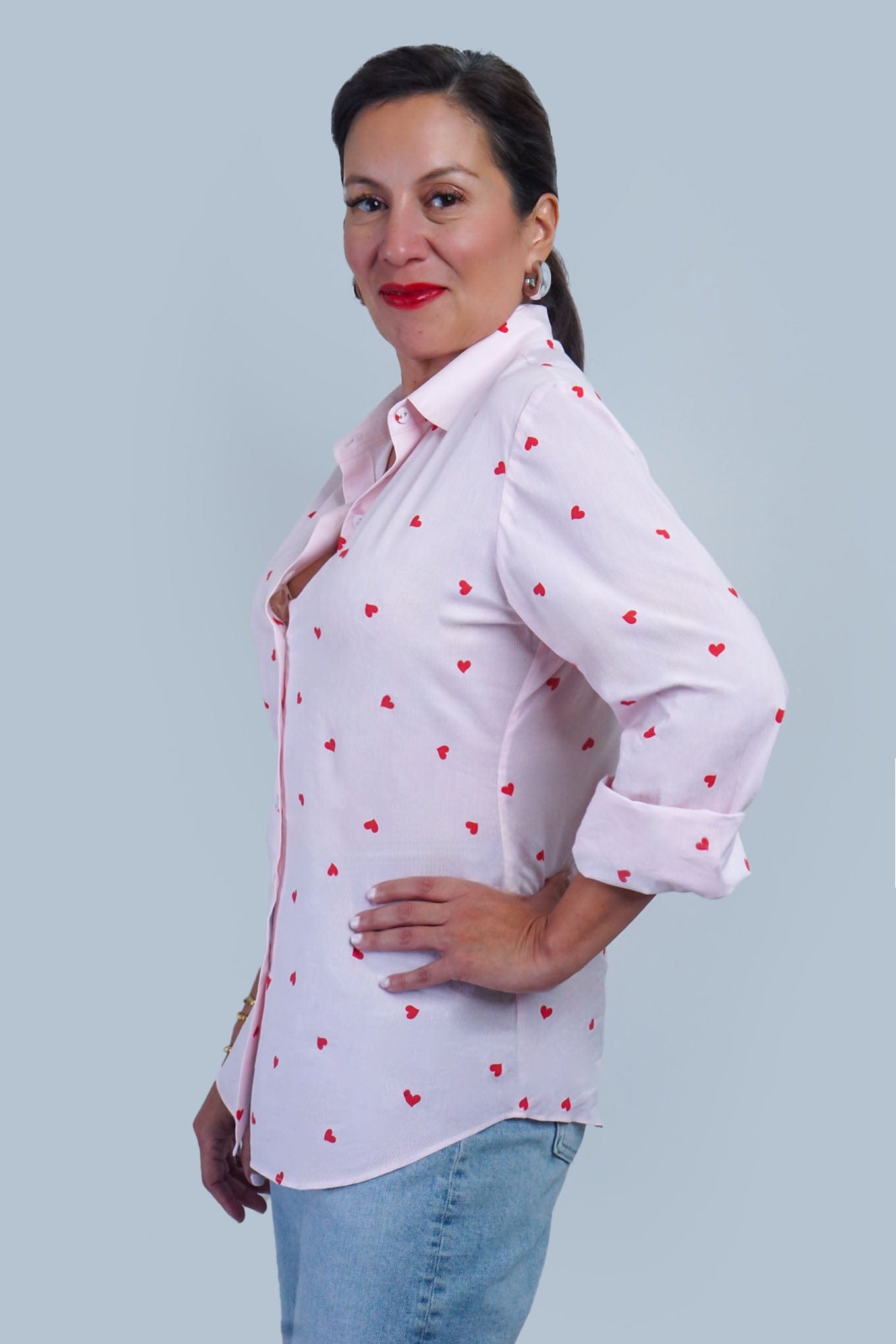 Chloe Dao TOPS Red Heart Stripe Cotton Dress Shirt