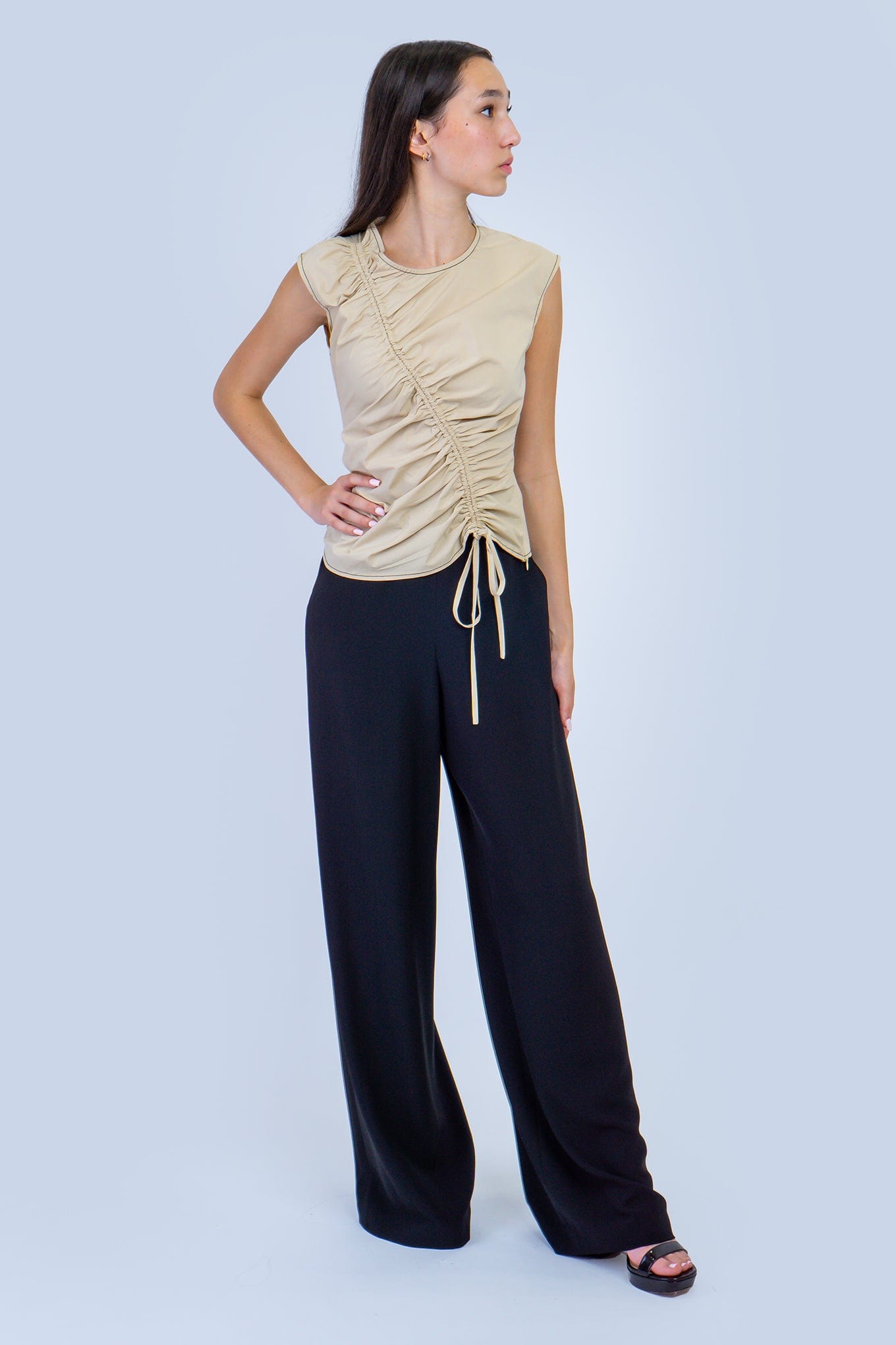 DCD TOPS Taupe Ruching Flutter Sleeve Top