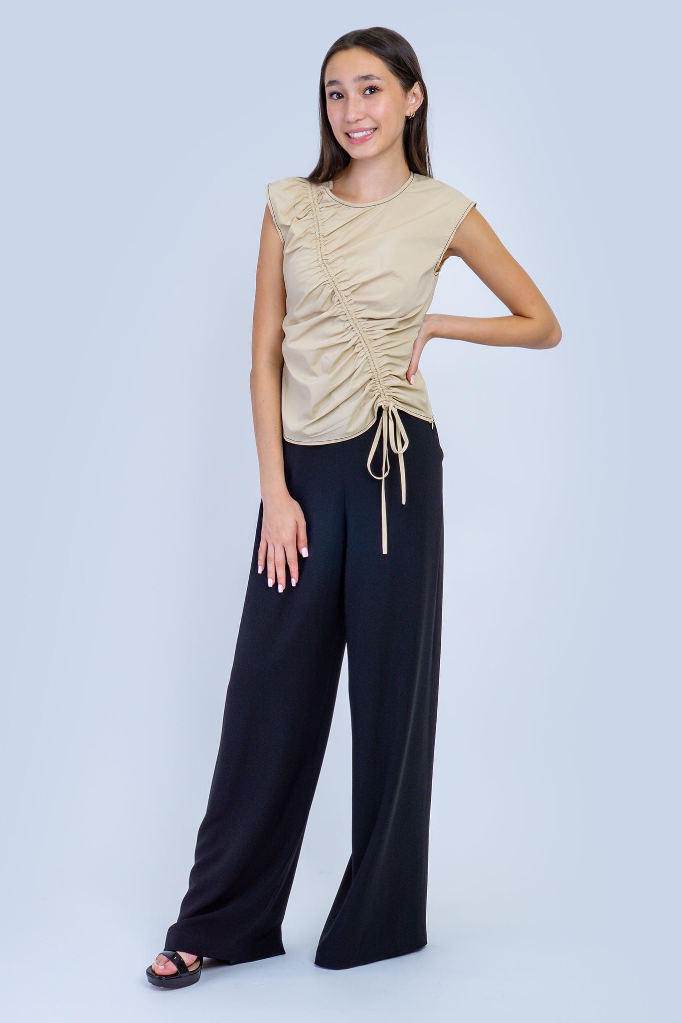 DCD TOPS Taupe Ruching Flutter Sleeve Top