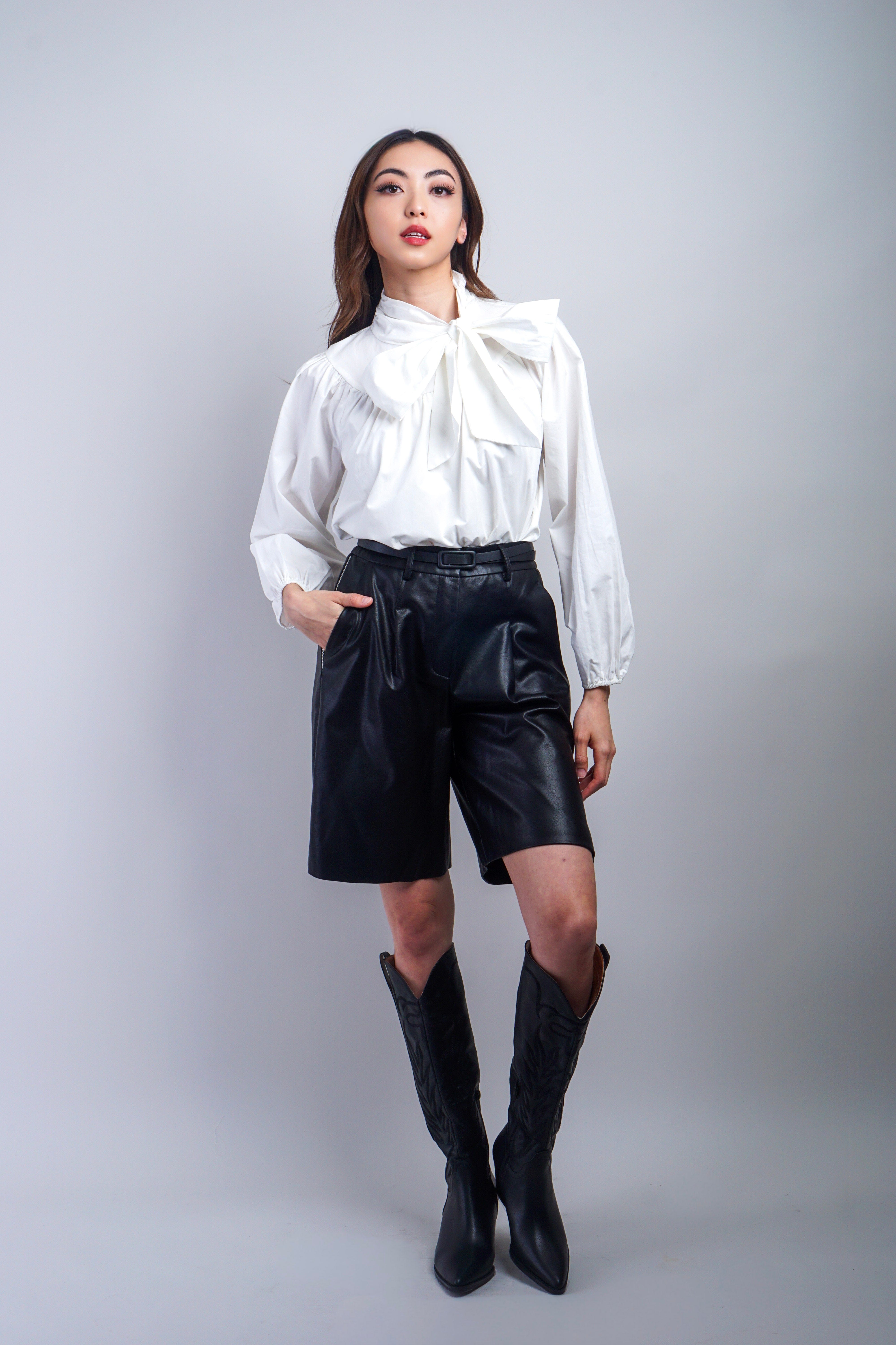 Private Label TOPS White Cotton Neck Bow Blouse