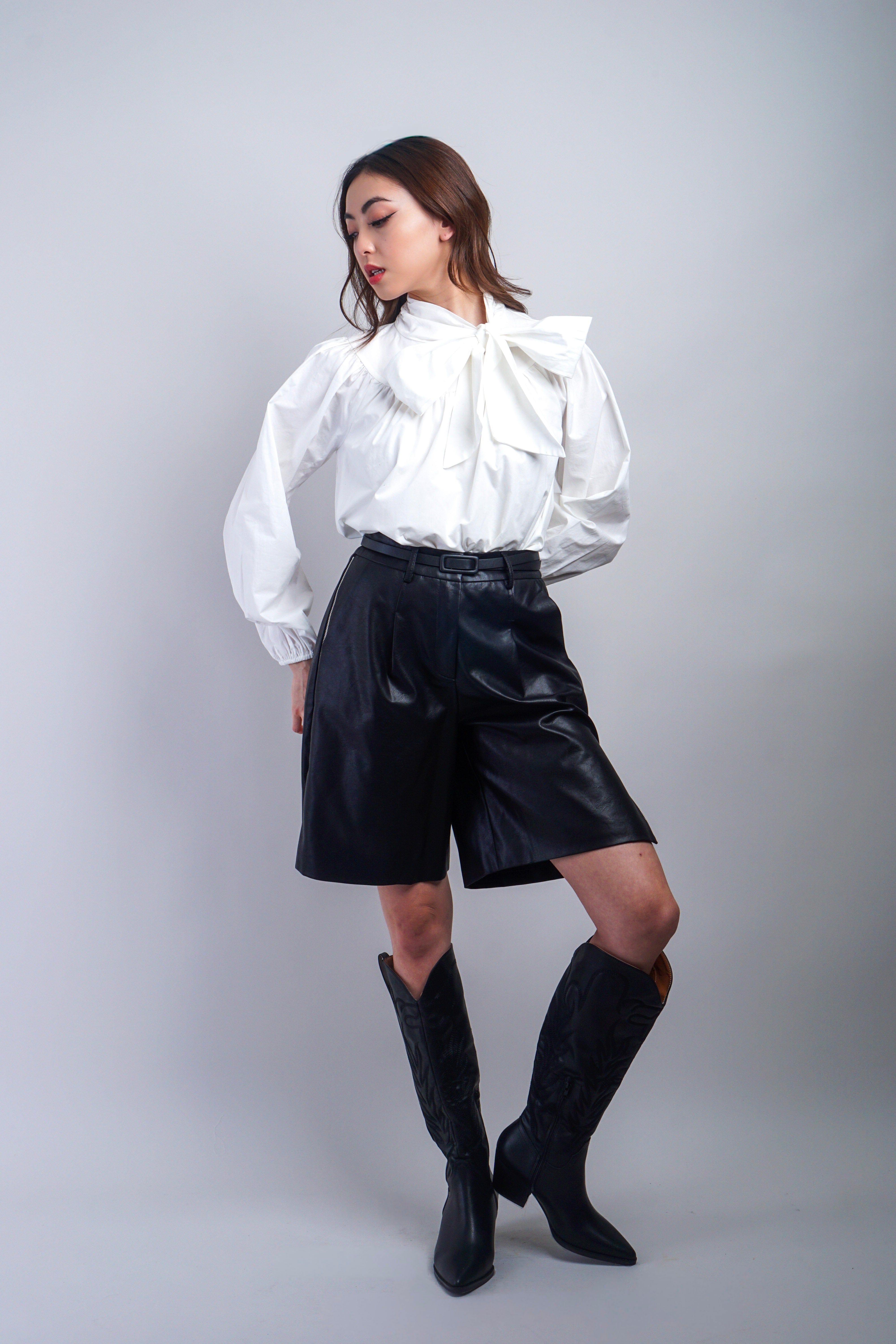 Private Label TOPS White Cotton Neck Bow Blouse