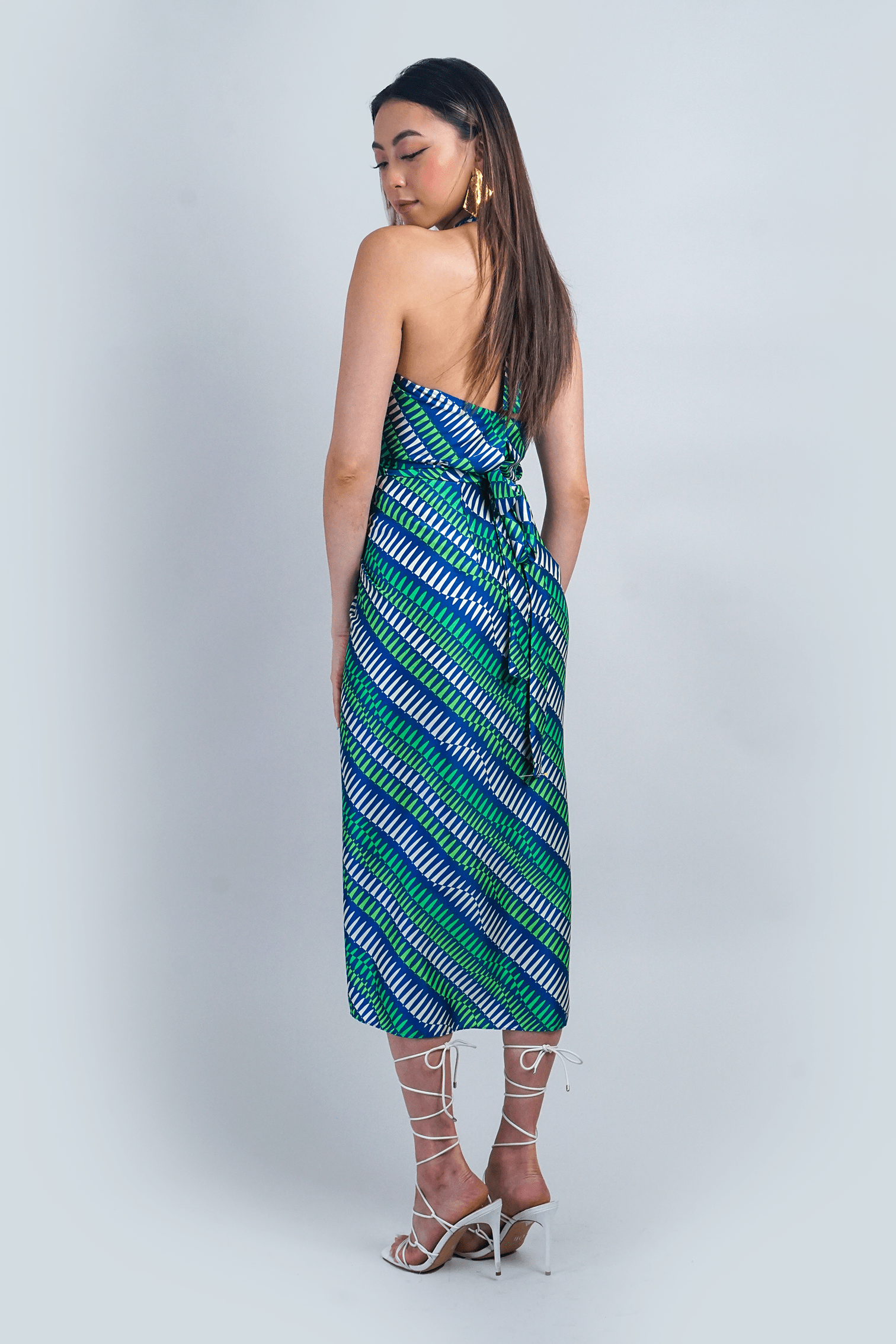 Chloe Dao TOPS White Green Geo Print  Indo Wrap Halter Top