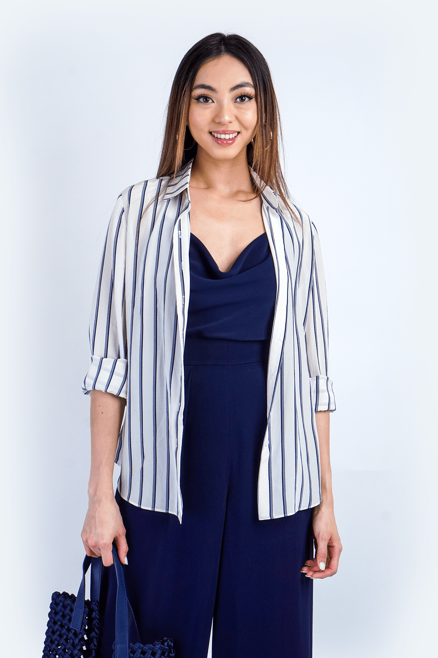 Chloe Dao TOPS White Silk Stripe Button Up Dress Shirt