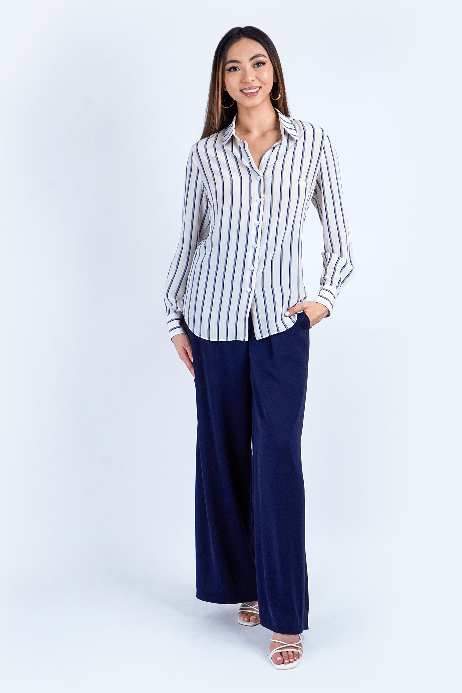 Chloe Dao TOPS White Silk Stripe Button Up Dress Shirt