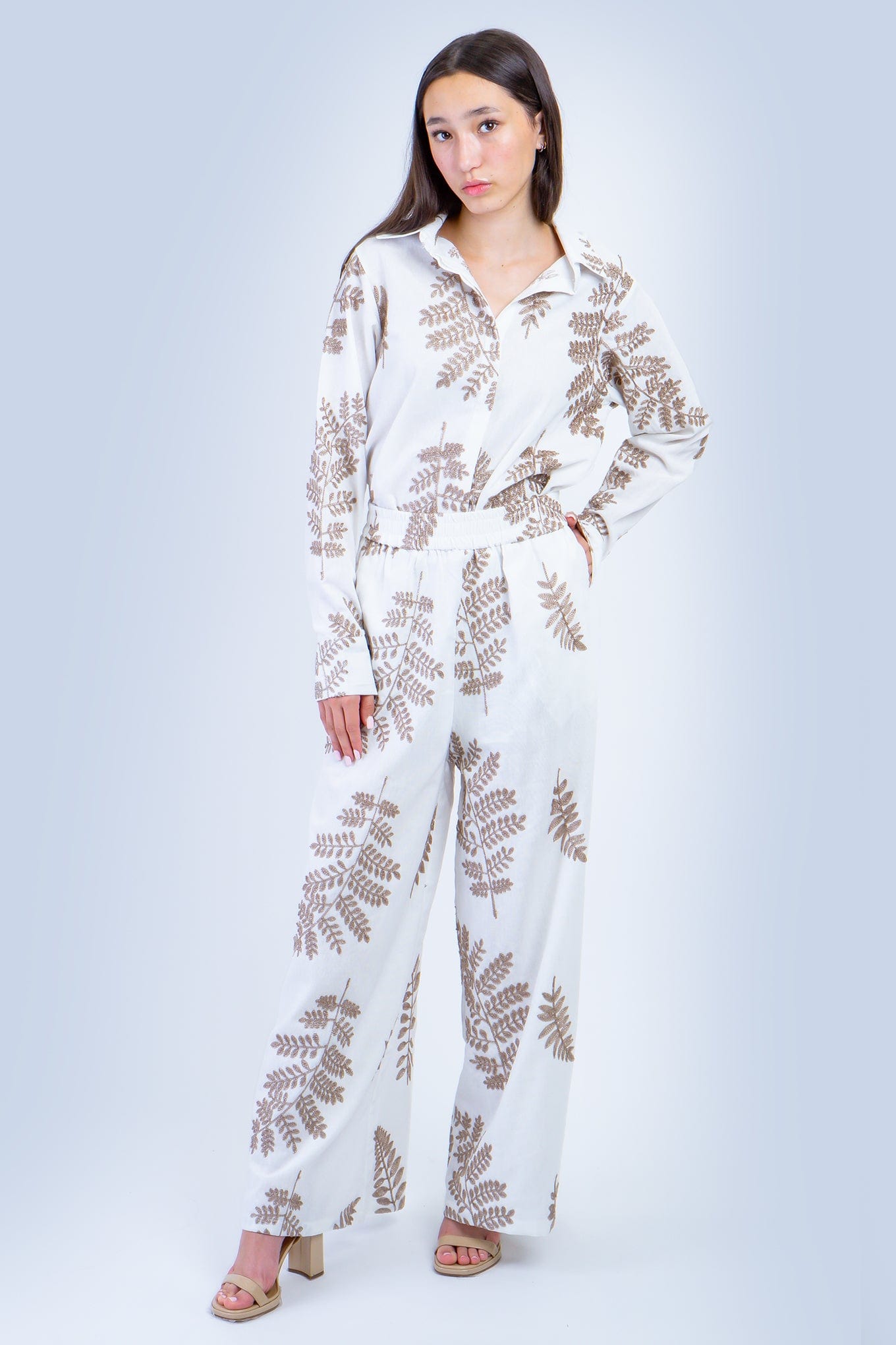 DCD TOPS White with Bronze Embroidered Leaves Linen Top