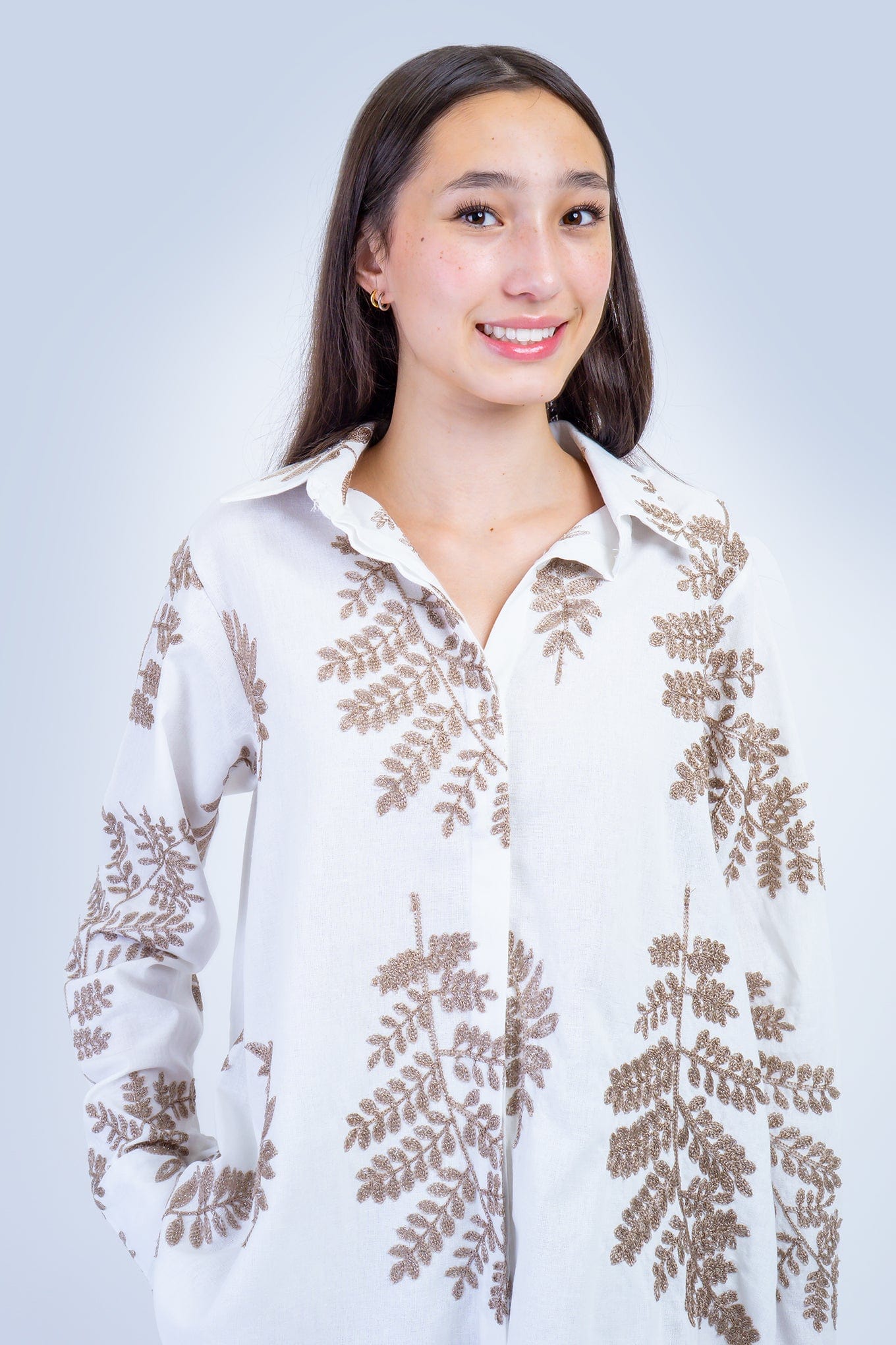 DCD TOPS White with Bronze Embroidered Leaves Linen Top
