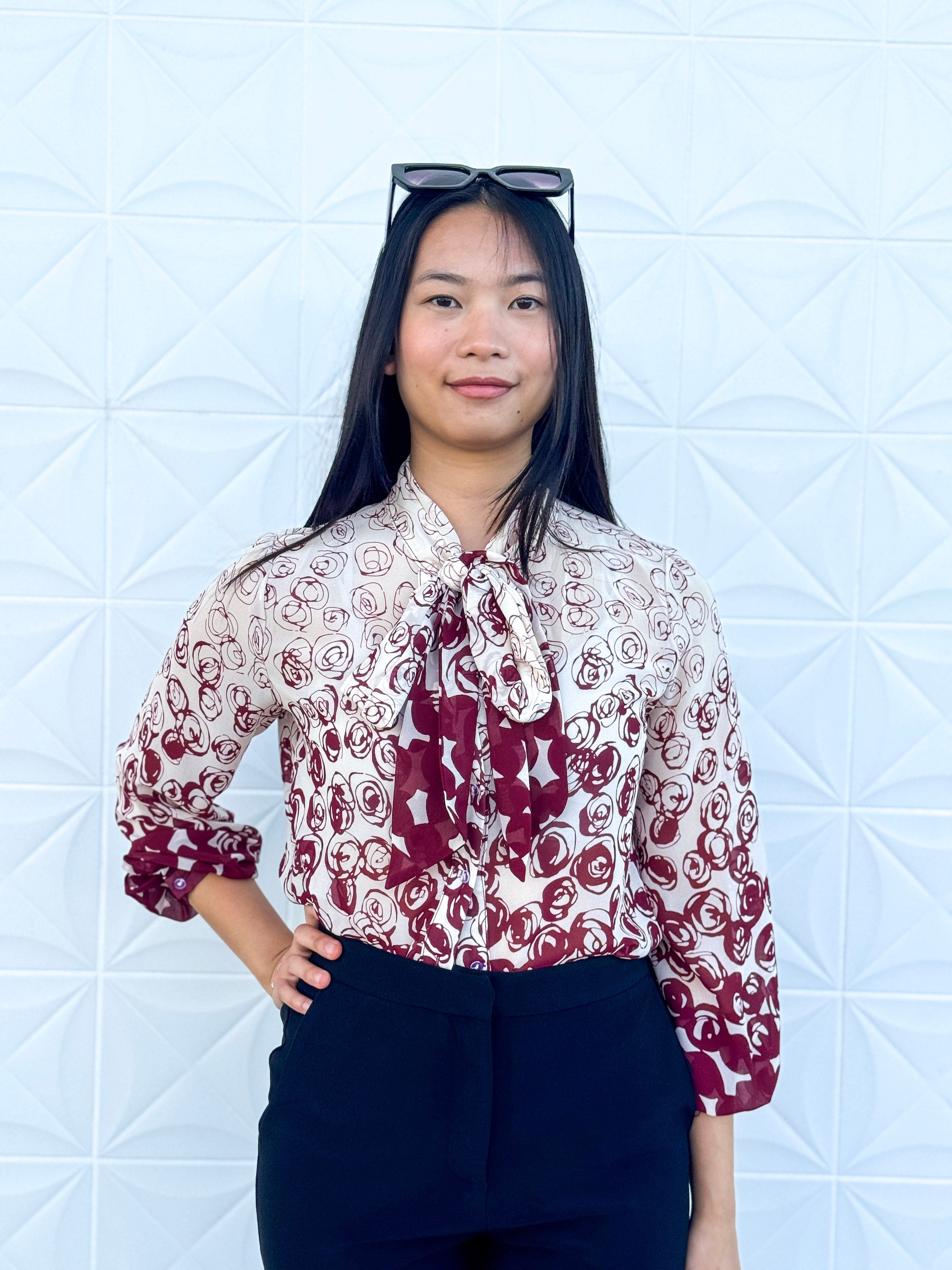 Private Label TOPS Wine Rose Ombre Down Tie Front Top