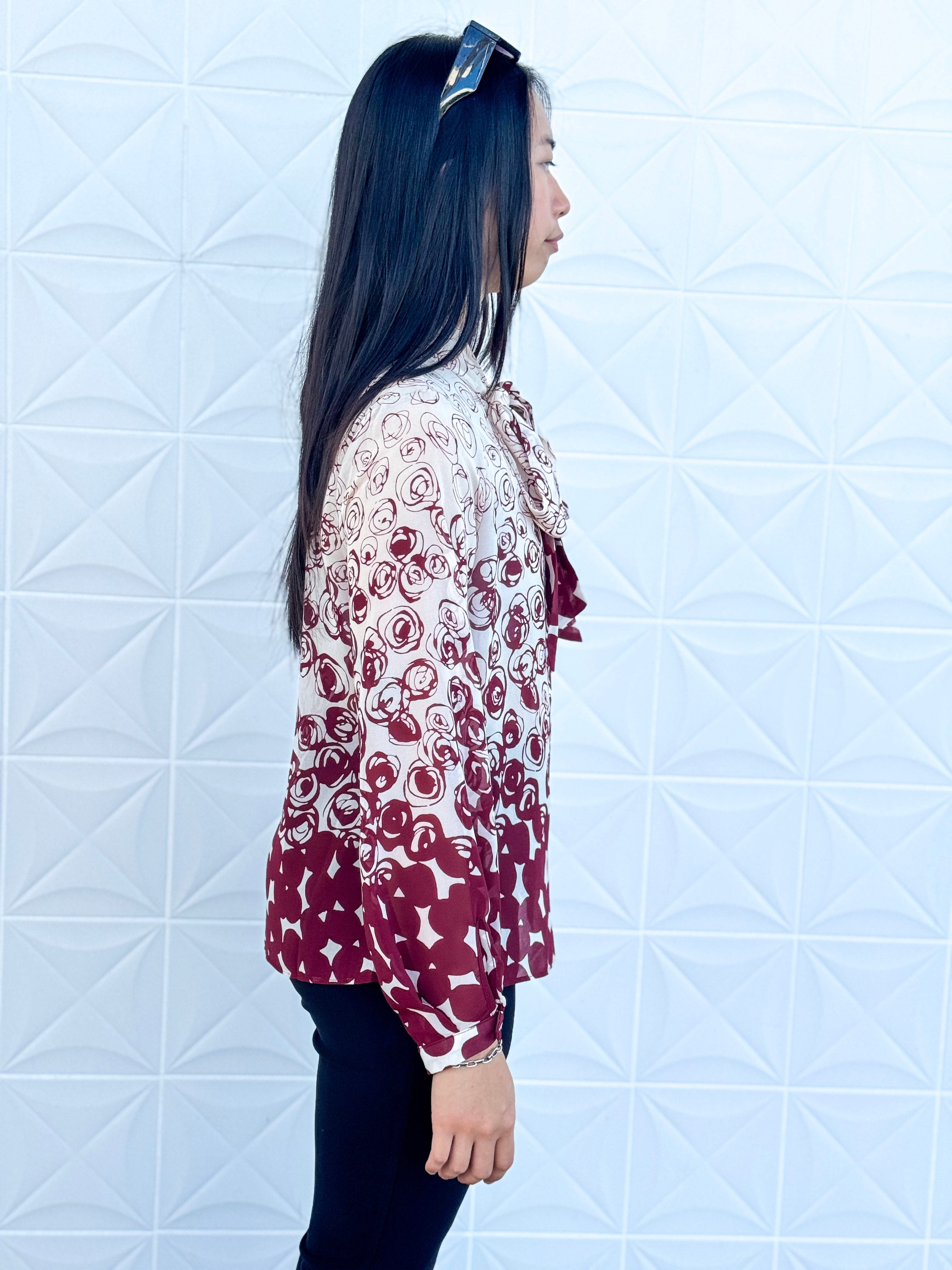 Private Label TOPS Wine Rose Ombre Down Tie Front Top