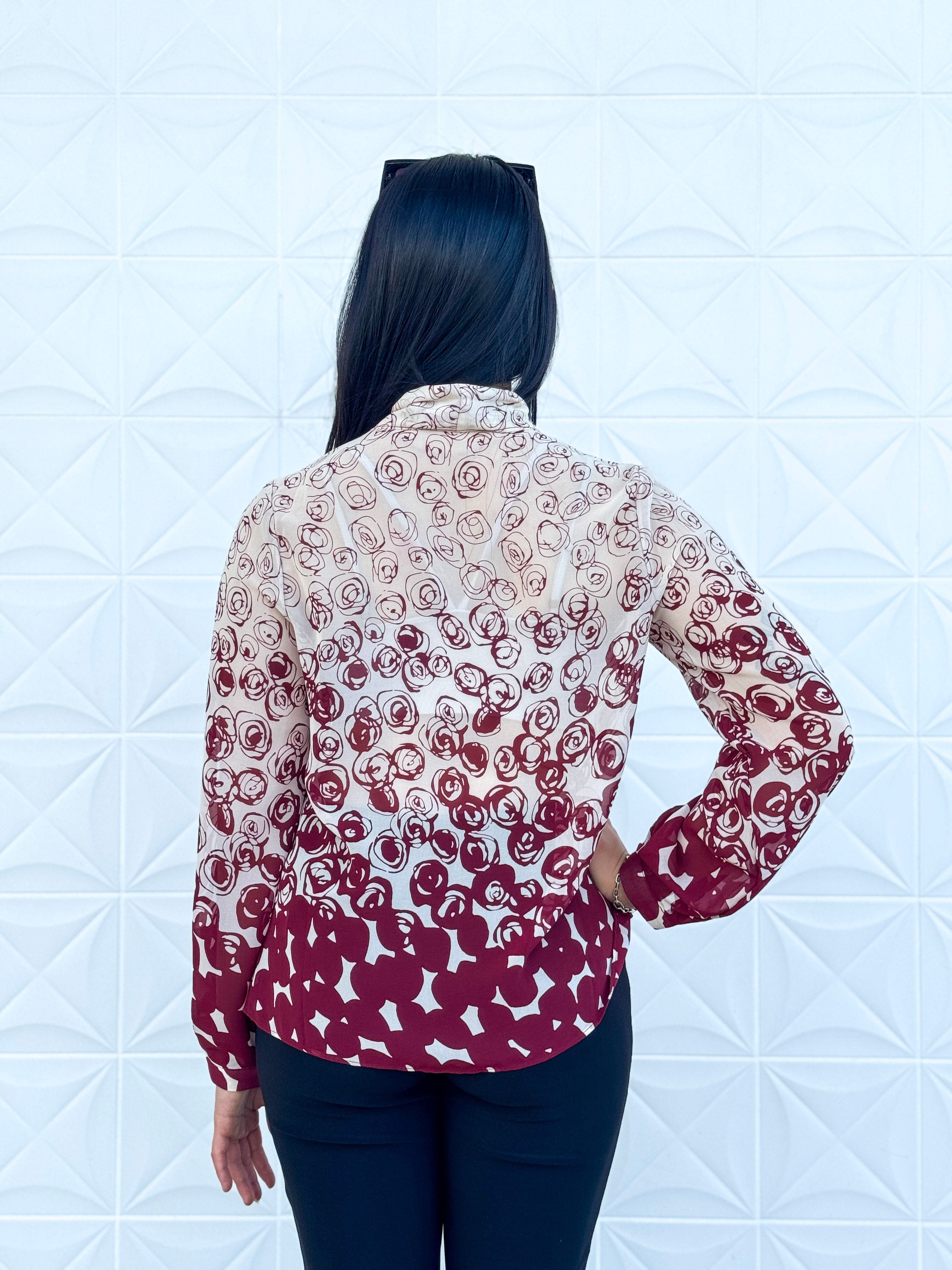 Private Label TOPS Wine Rose Ombre Down Tie Front Top