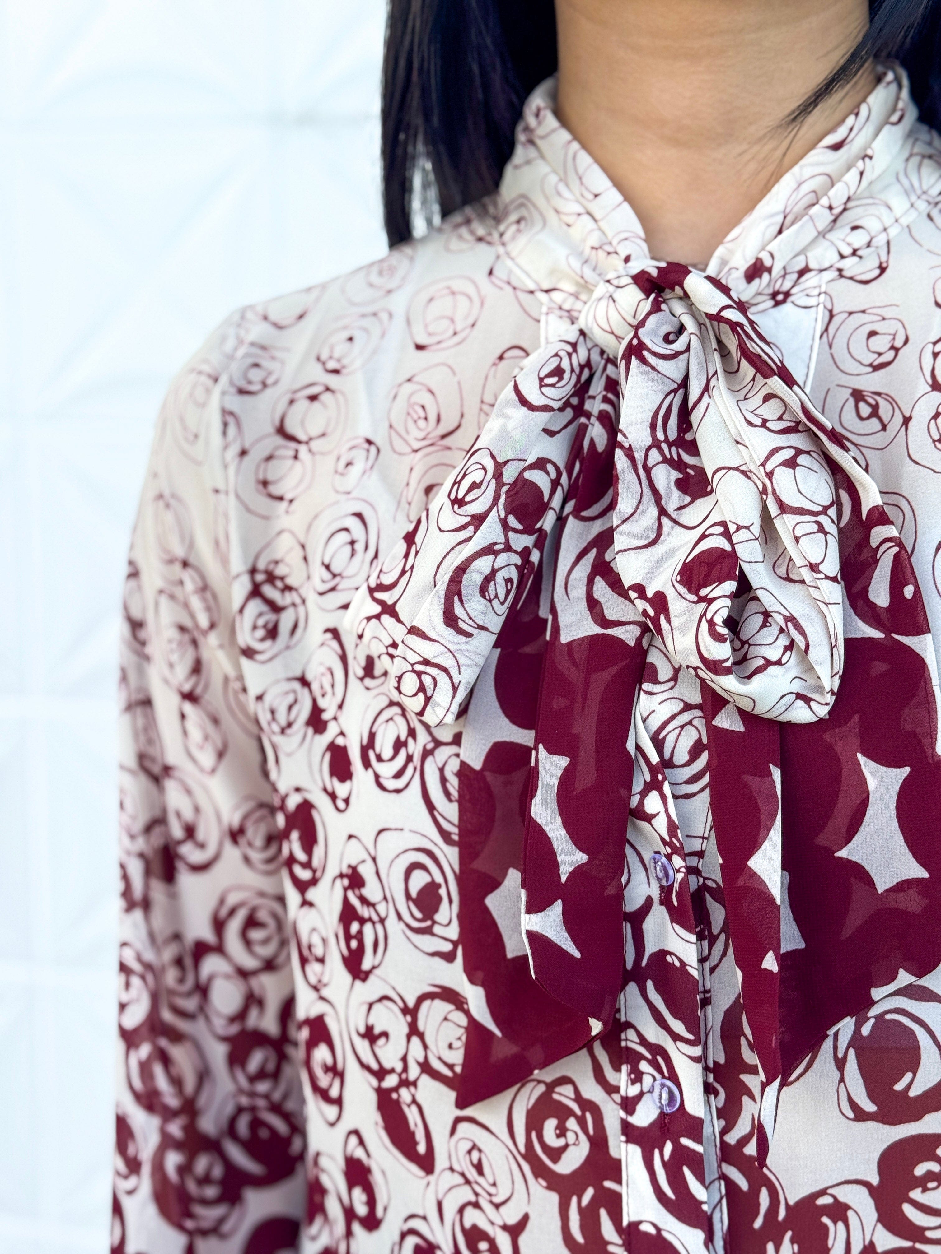 Private Label TOPS Wine Rose Ombre Down Tie Front Top