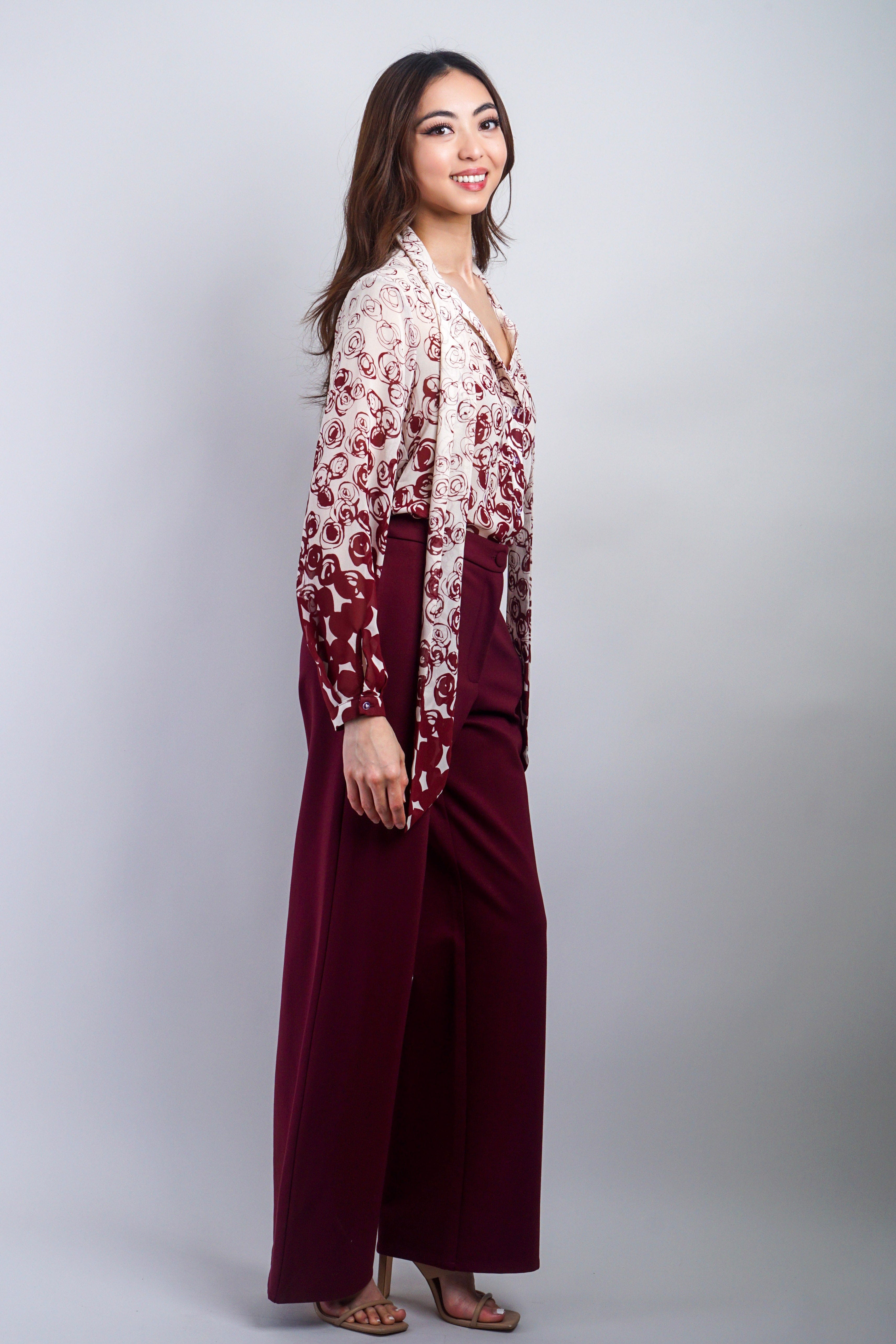 Private Label TOPS Wine Rose Ombre Down Tie Front Top