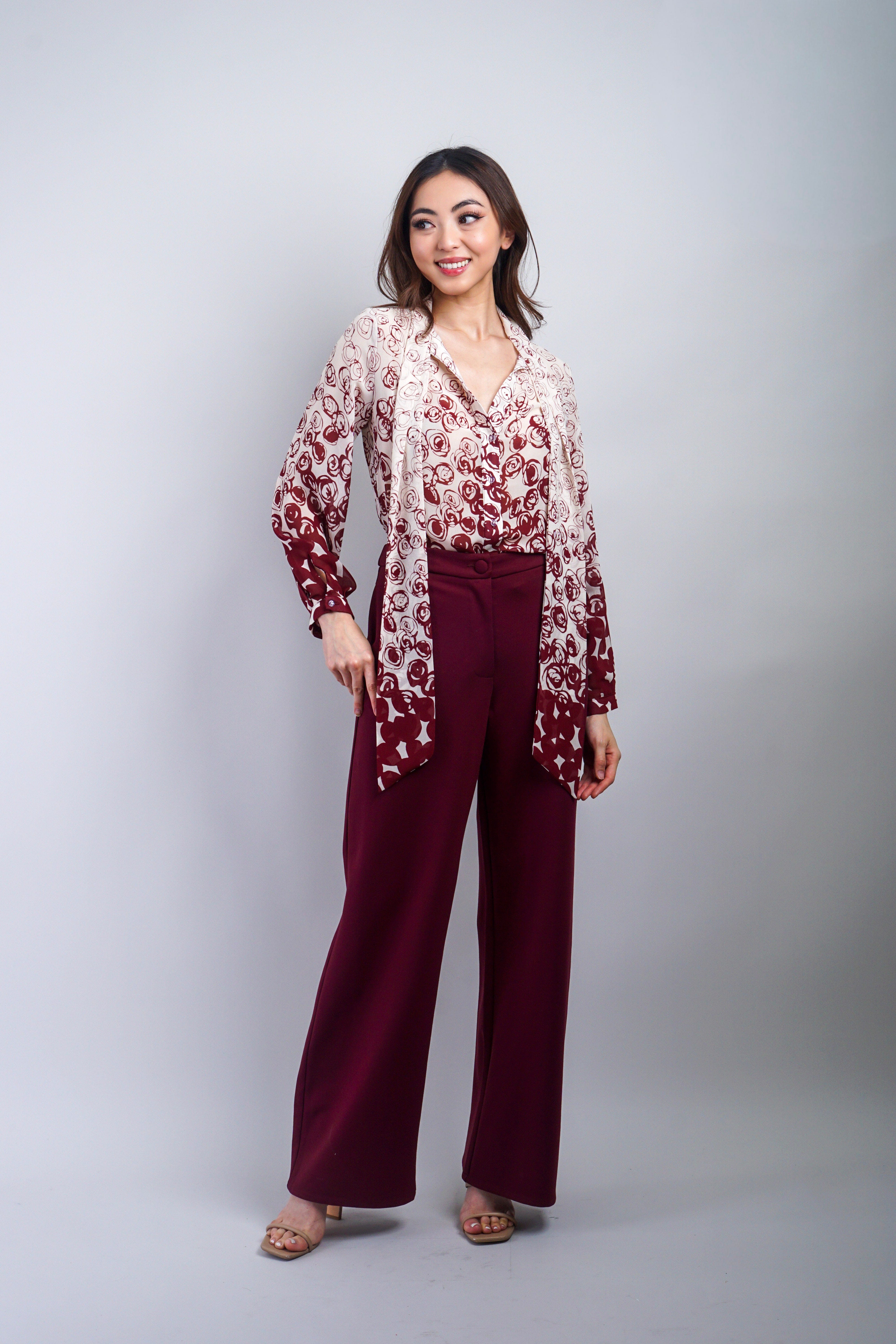 Private Label TOPS Wine Rose Ombre Down Tie Front Top