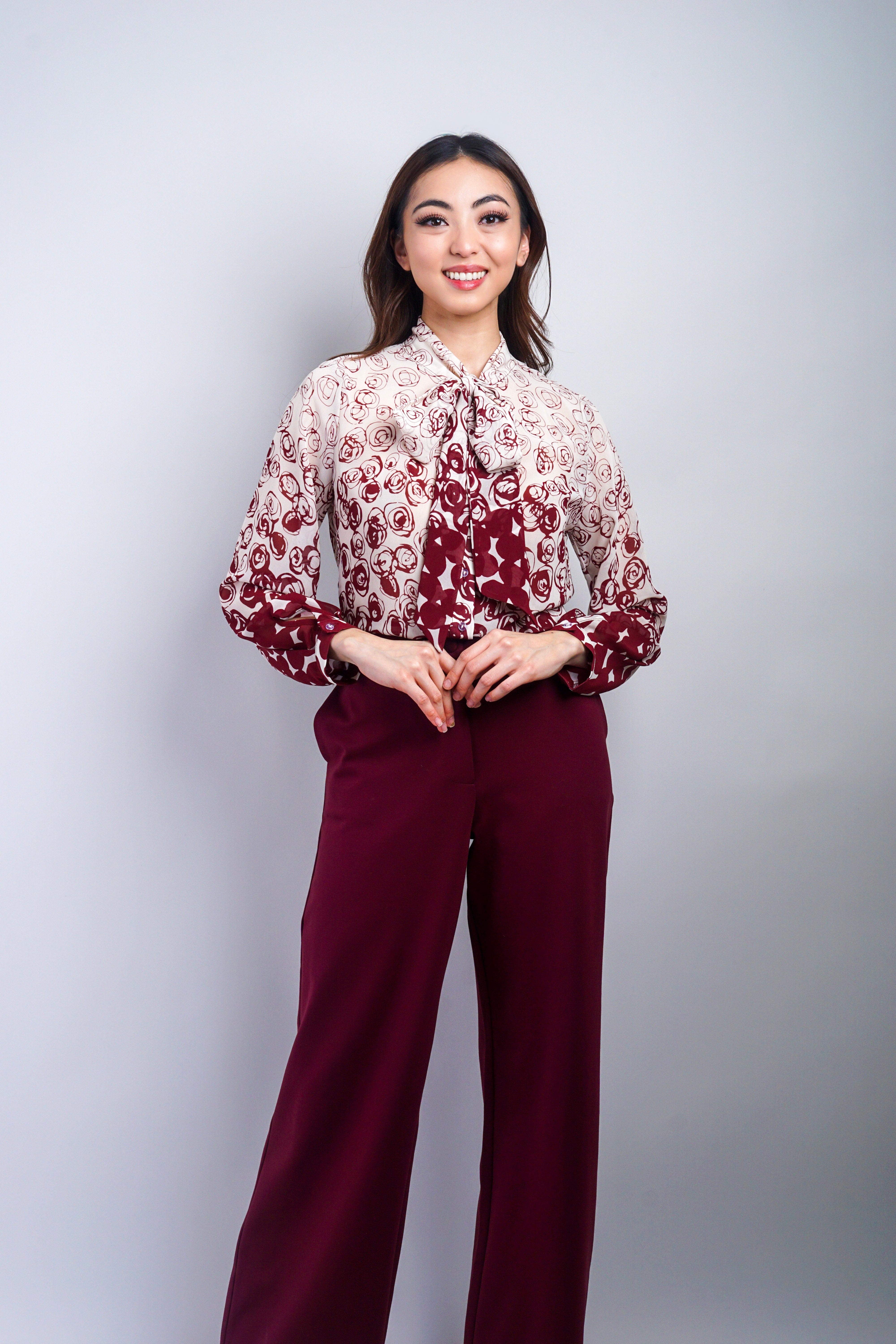 Private Label TOPS Wine Rose Ombre Down Tie Front Top