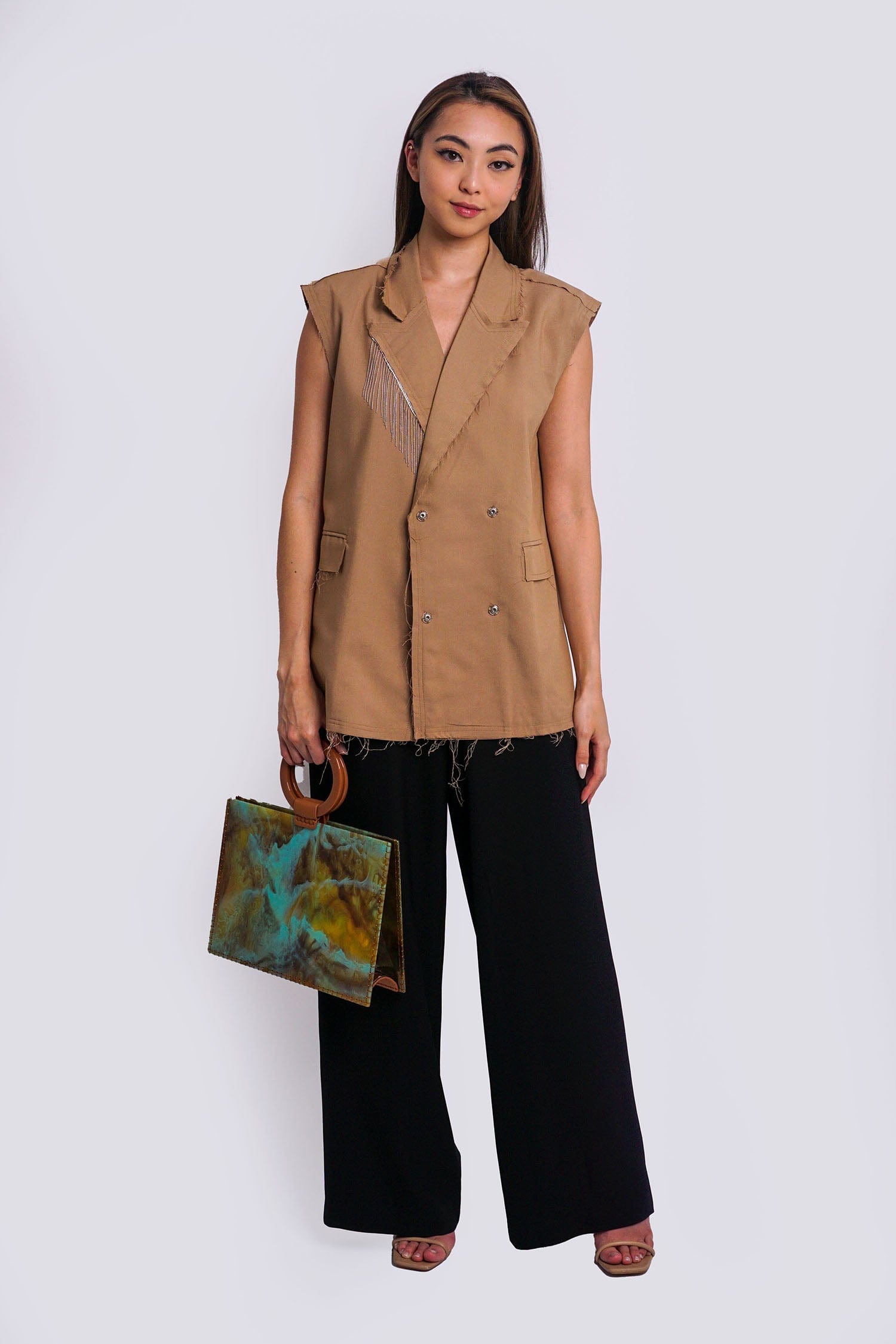 DCD Vests Taupe Tailor Metal Fringes Vest