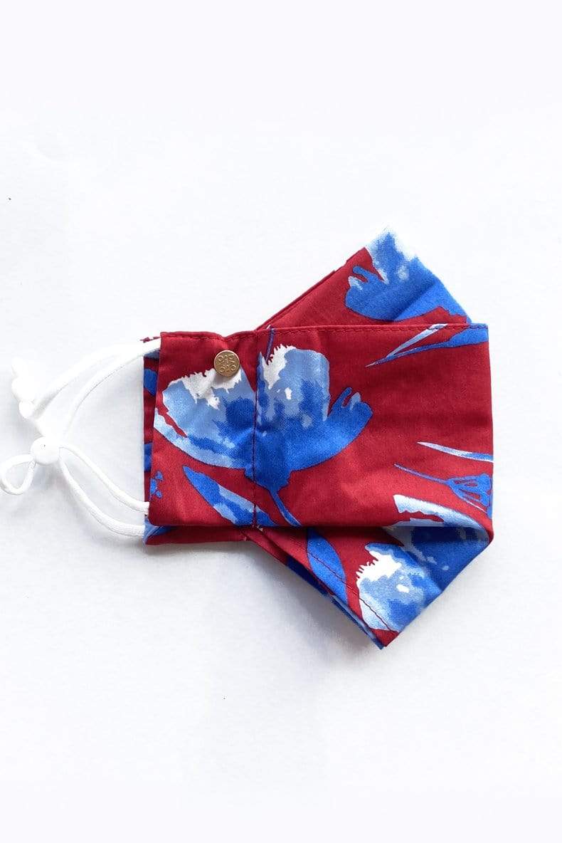Box Pleated Face Masks Heavenly Blue on Red (Box Pleated Mask with Filter Pocket) - Chloe Dao