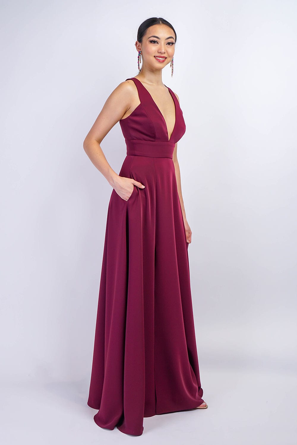 GOWNS Maroon V Neck Front Slit Soraya Gown - Chloe Dao