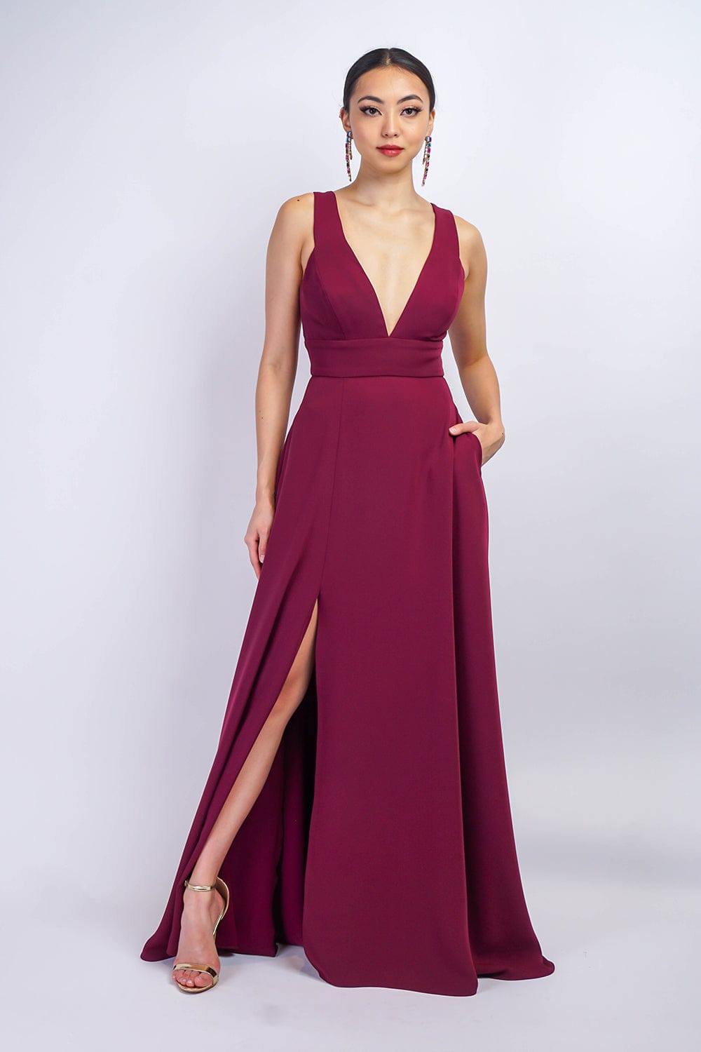 GOWNS Maroon V Neck Front Slit Soraya Gown - Chloe Dao