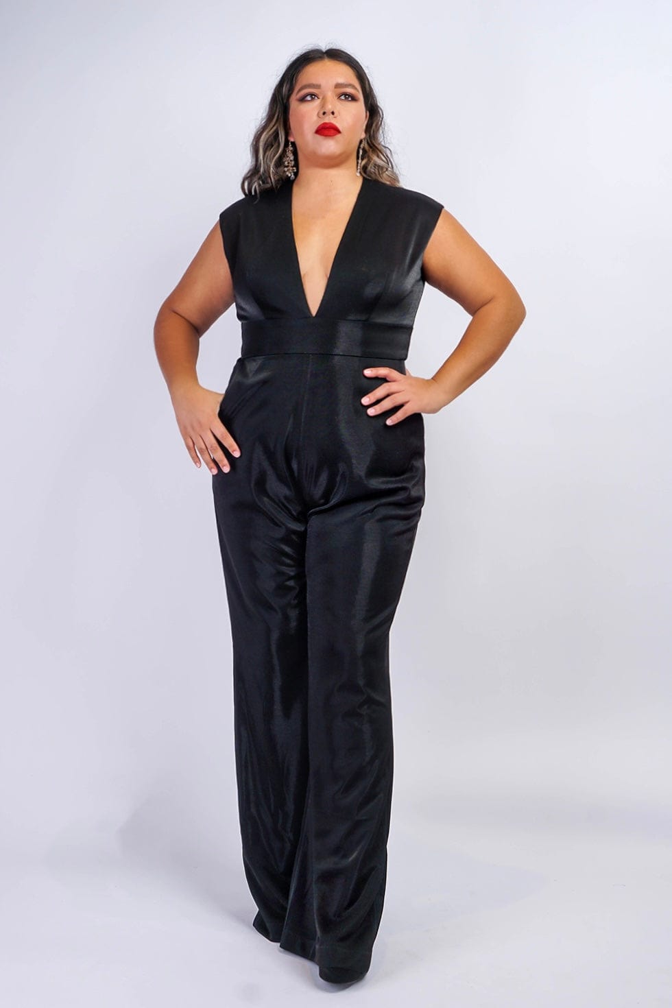 JUMPSUITS & ROMPERS Black Lux Sheen V Neck Aiden Jumpsuit - Chloe Dao