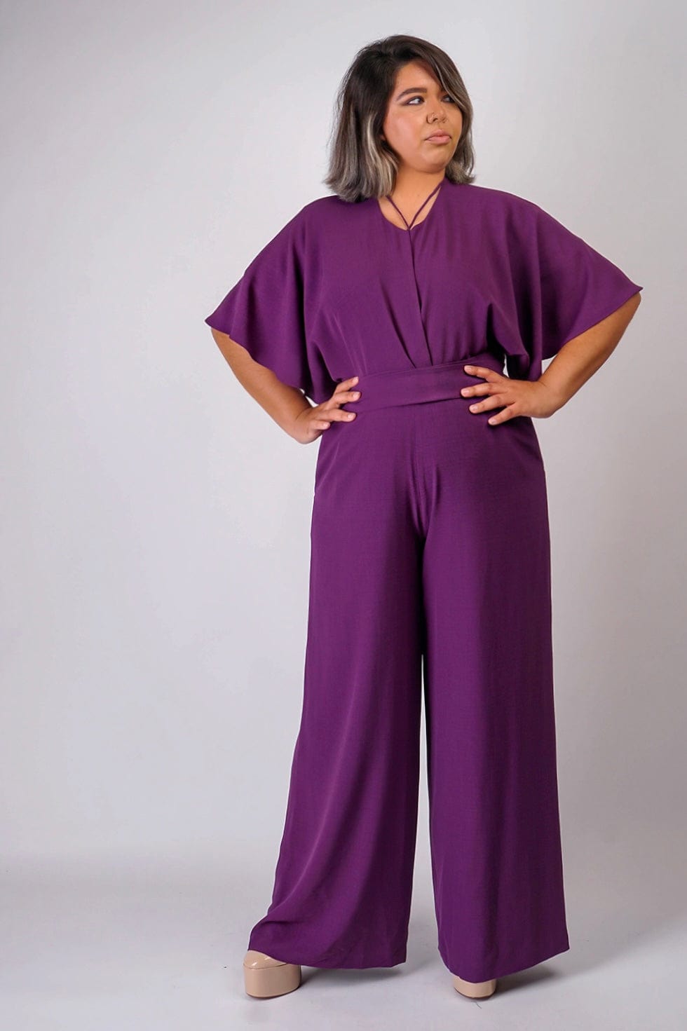 DCD JUMPSUITS & ROMPERS Egg Plants Pleated Wrap Necee Jumpsuit