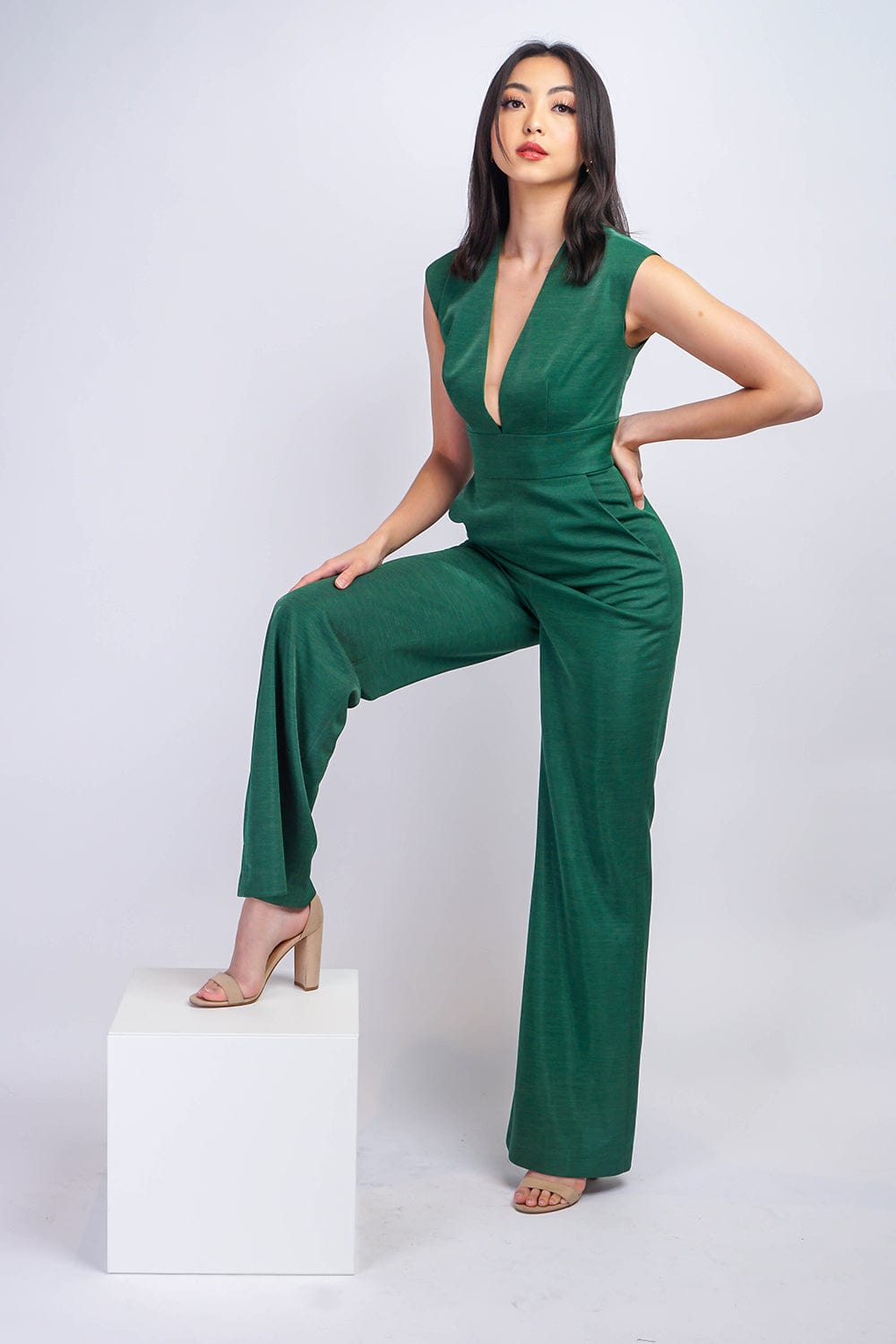 JUMPSUITS & ROMPERS Emerald Luxe Sheen V Neck Aiden Jumpsuit - Chloe Dao