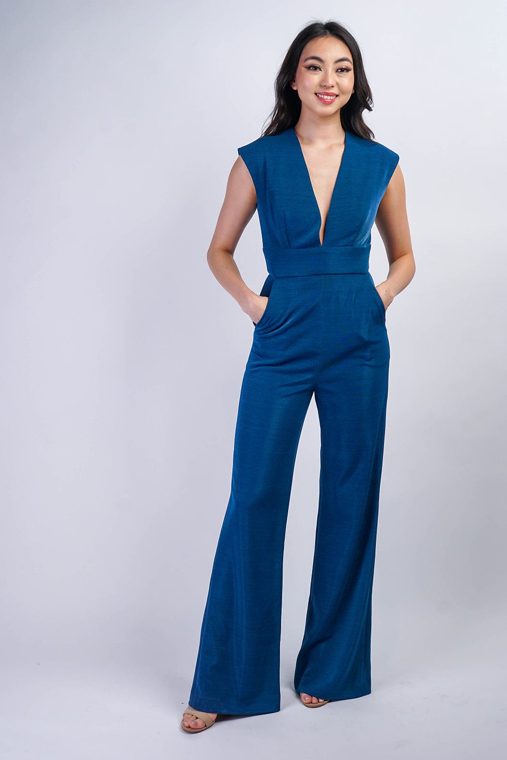 Chloe Dao JUMPSUITS & ROMPERS Saphire Blue Luxe V Neck Aiden Jumpsuit